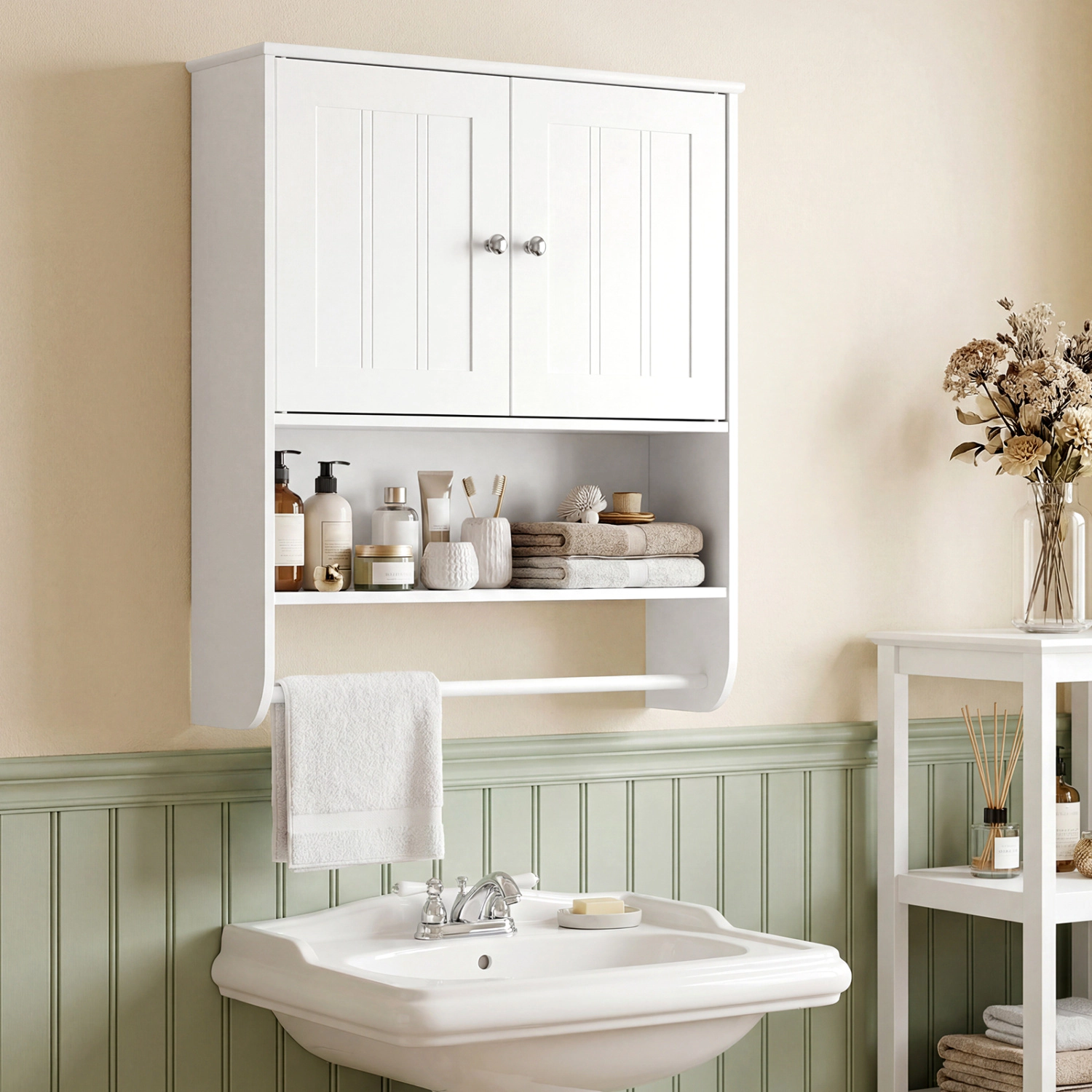 Slickblue White Bathroom Wall Cabinet with 2 Doors, Open Shelf and Towel Bar