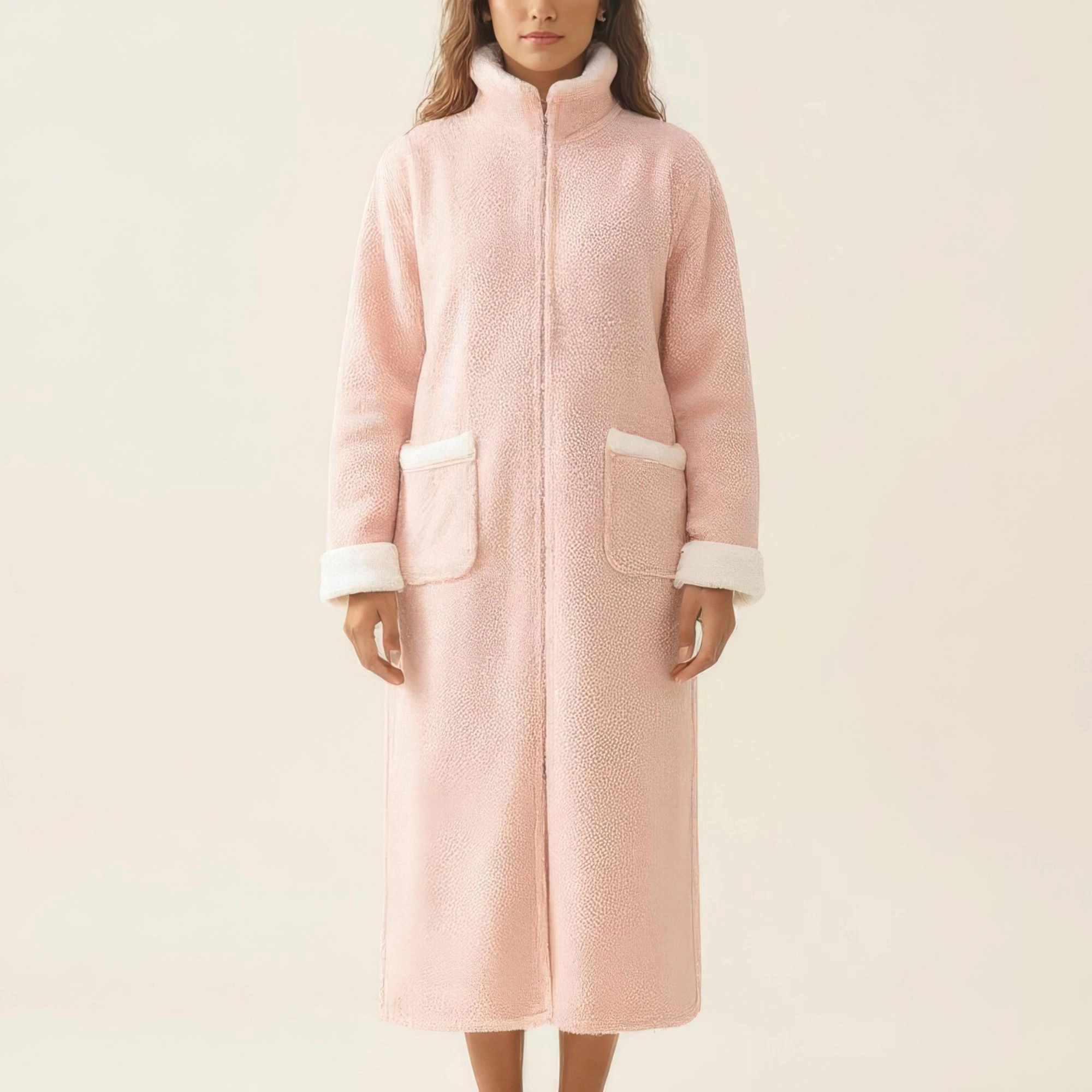 Anna-Kaci Women's Long Plush Zip Front Robe with Stand Collar Pockets Soft Fleece