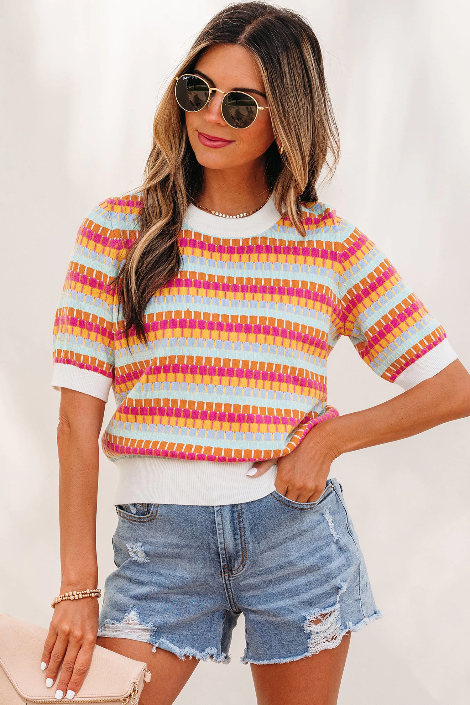 Threaded Pear Bellamy Knit Short Sleeve Sweater - Orange, Oversized Retro Stripe