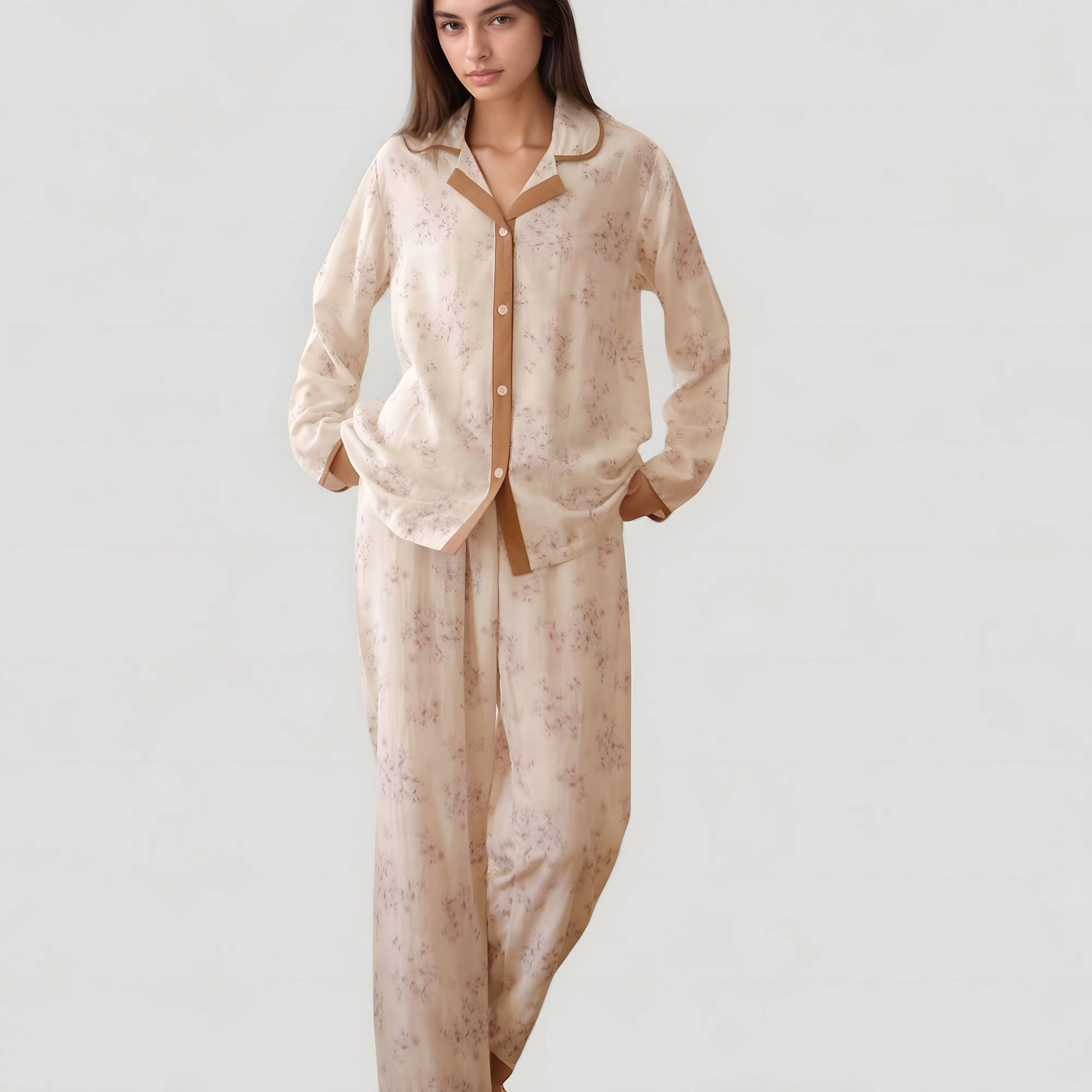 Anna-Kaci Women's Floral Print Long Sleeve Pajama Set with Contrast Piping Trim and Relaxed Button Up Shirt