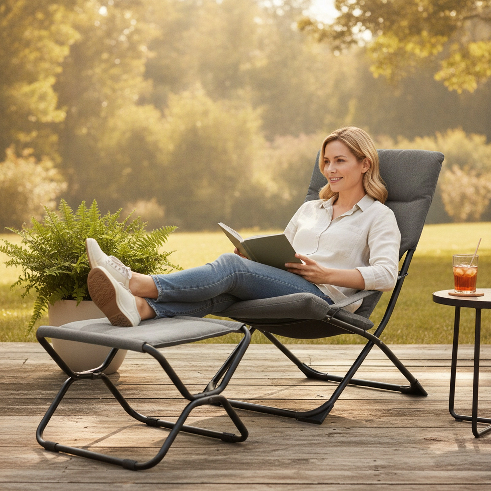 SUGIFT Folding Sling Chair with Ottoman, Removable Olefin Cushion, Gray Metal Frame