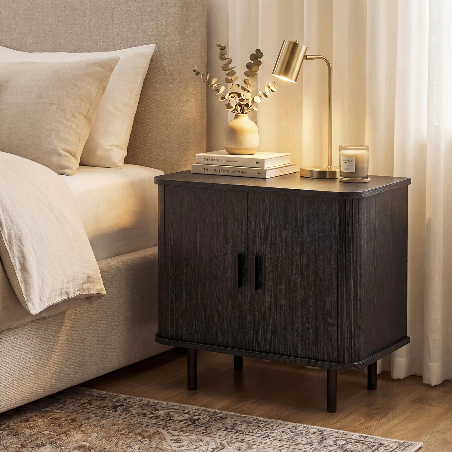 SlickBlue Mid Century End Table with Sliding Doors and Storage