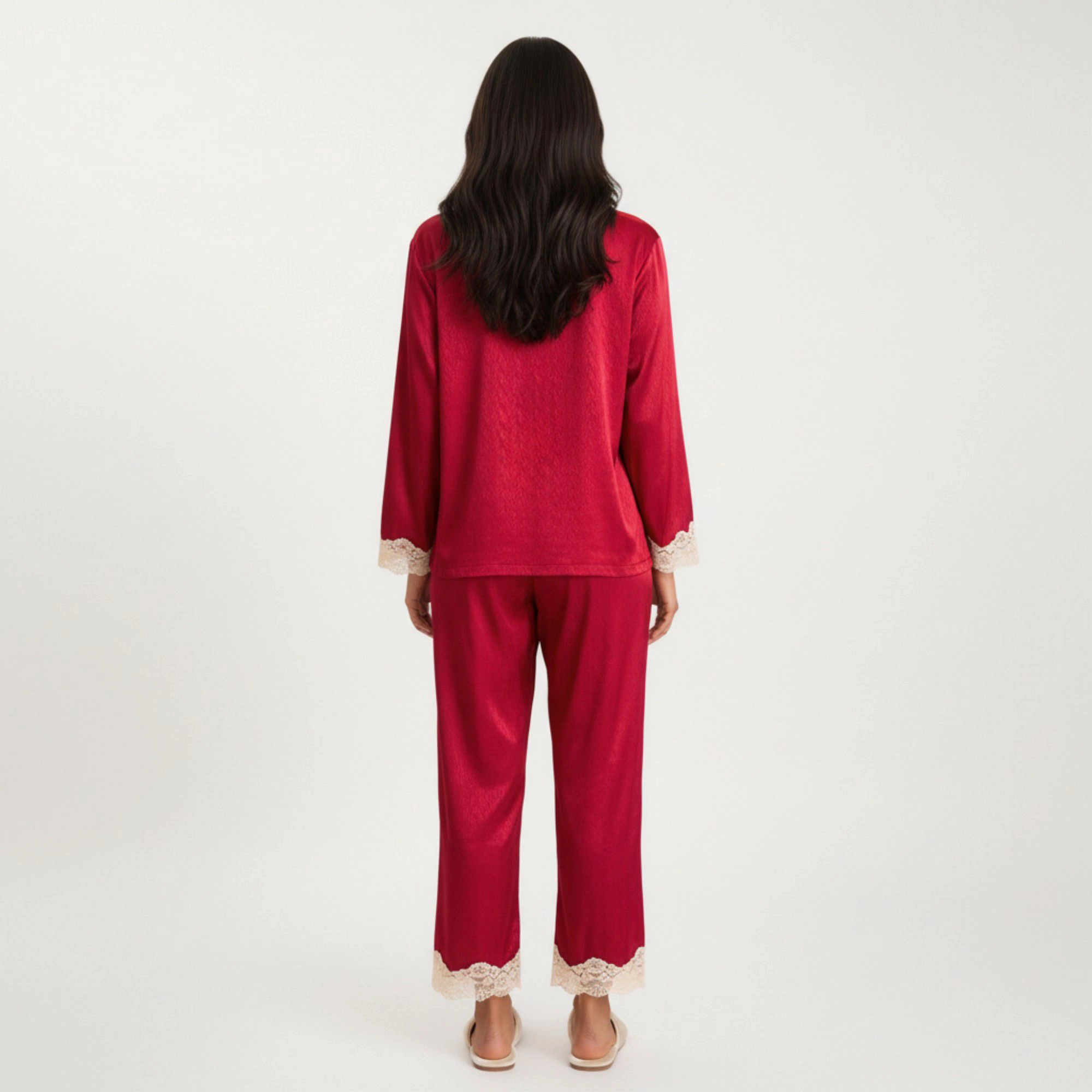 Anna-Kaci Women's 2-Piece Satin Button Front Pajama Top with Lace Trim Sleeves and Matching Elastic Waist Pants