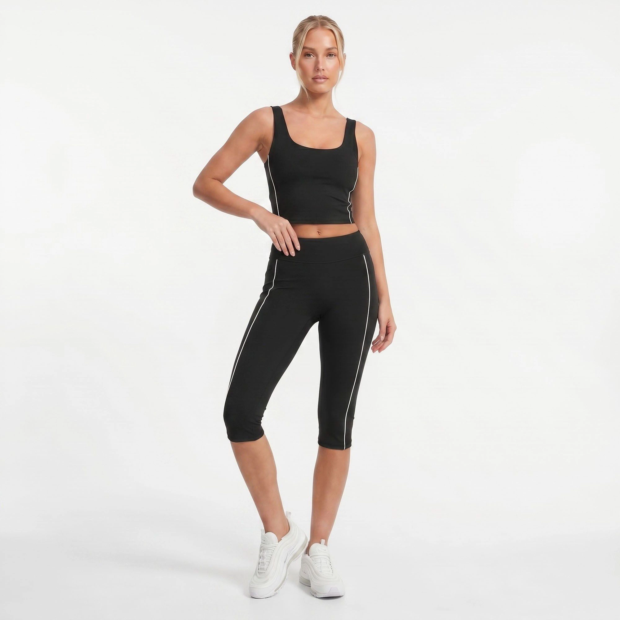 Anna-Kaci Women's High-Waist Side Stripe Capri Leggings Wide Waistband Cropped Workout Yoga Pants