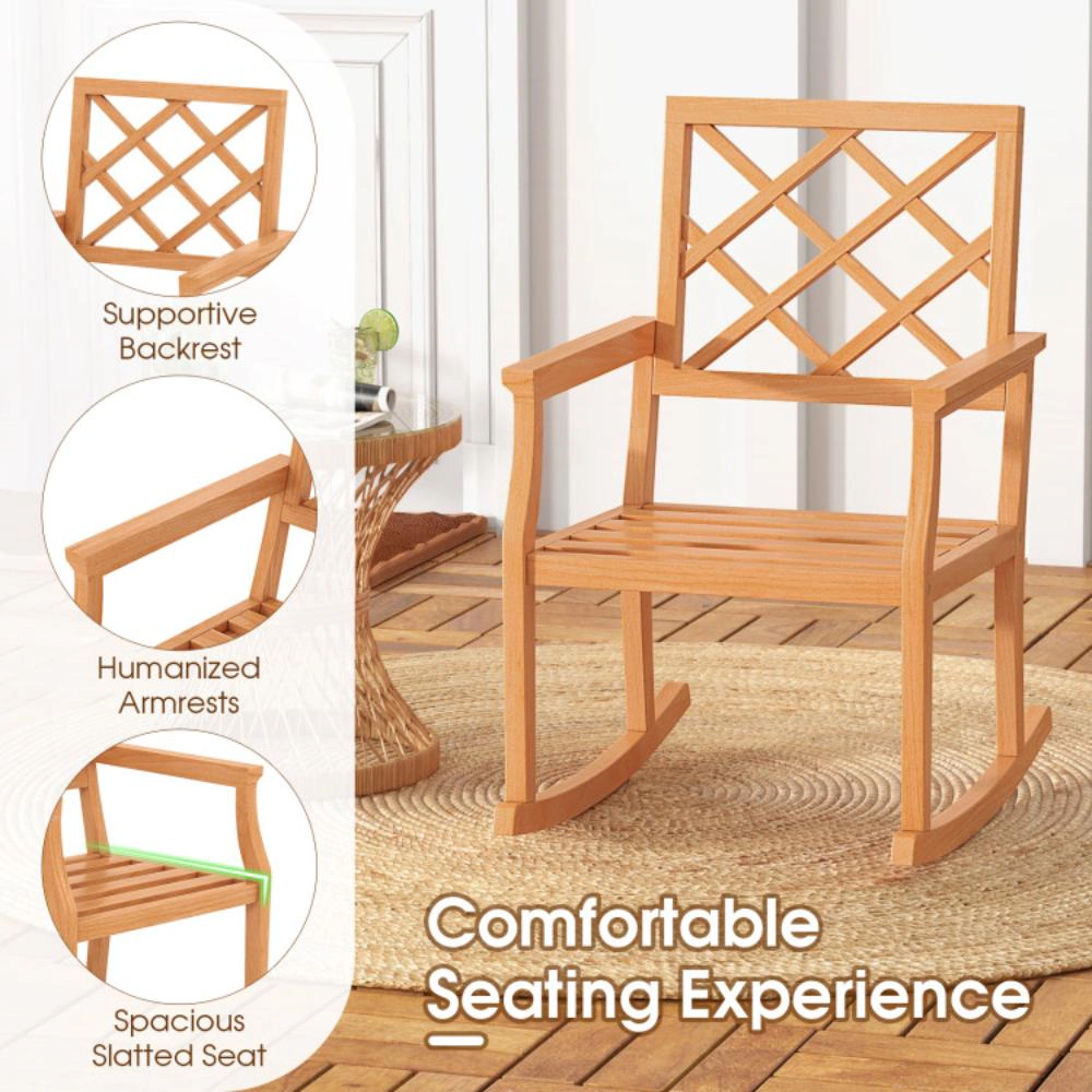 Hivvago Teak Wood Rocking Chair Oversized Porch Rocker With Backrest And Slatted Seat