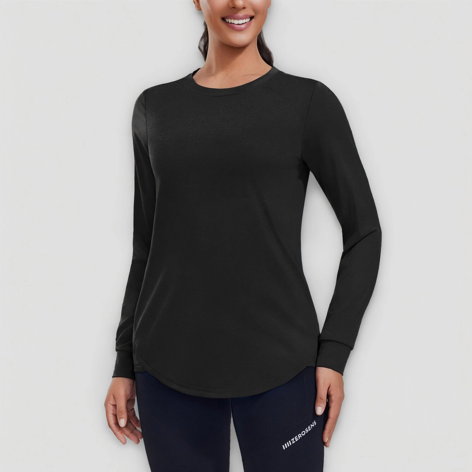 Pinspark Womens Long Sleeve Crew Neck Tunic Tops Curved Hem Casual Workout Fall Shirt