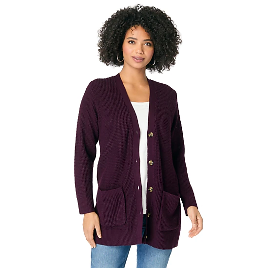 Roaman's Women's Plus Size Waffle Button Front Cardigan