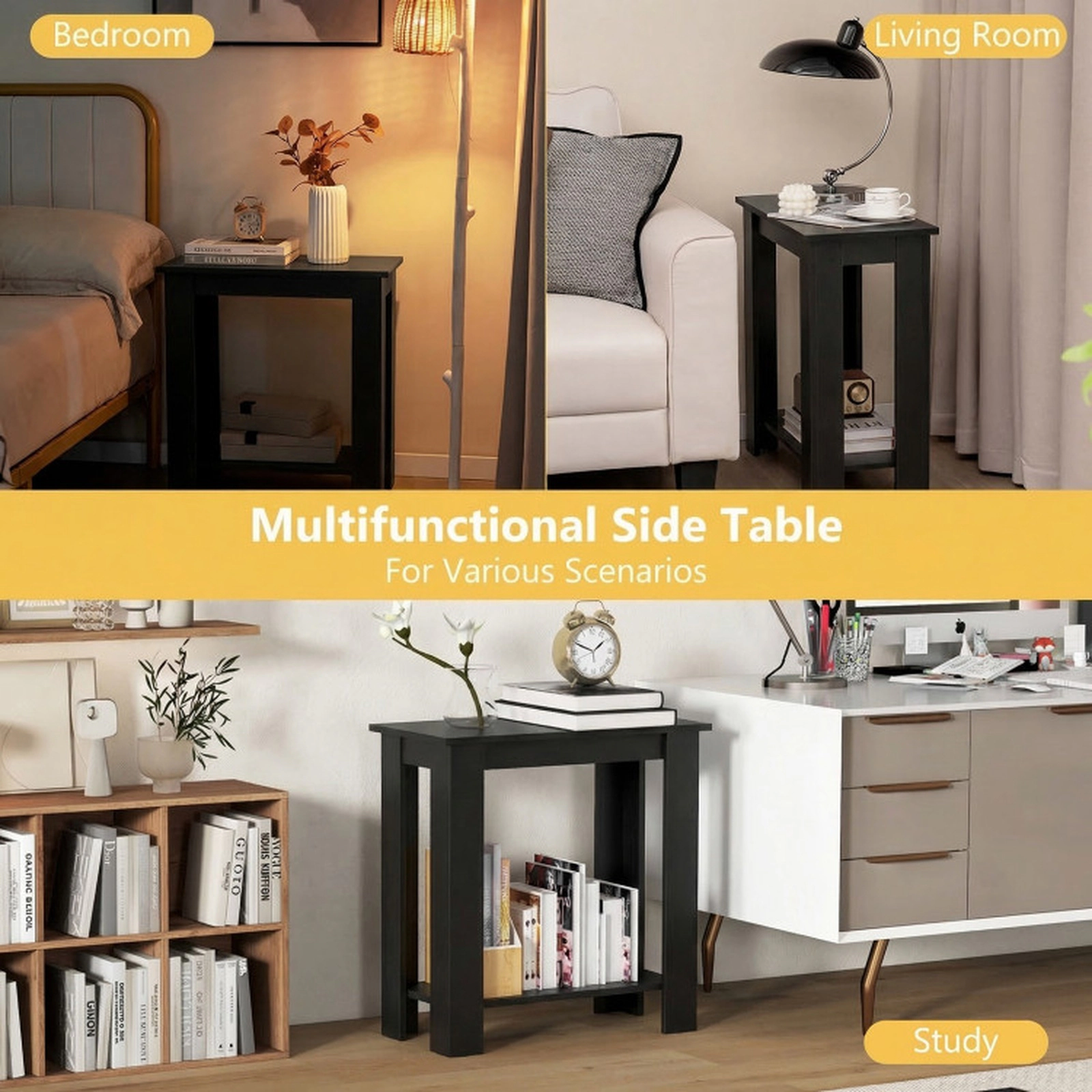 SUGIFT 23.5 in End Table Black 2-Tier Compact Side Table with Storage Shelf