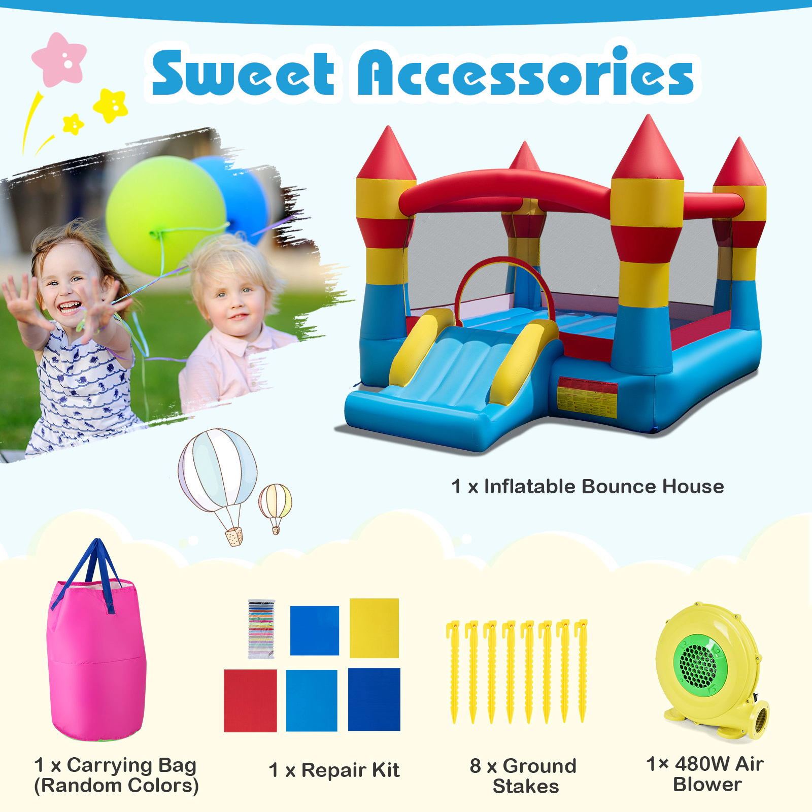 3-in-1 Kids Inflatable Bouncer with Slide Basketball Hoop Crawl-Thru Door and 480W Blower for Yard 200-lb Capacity