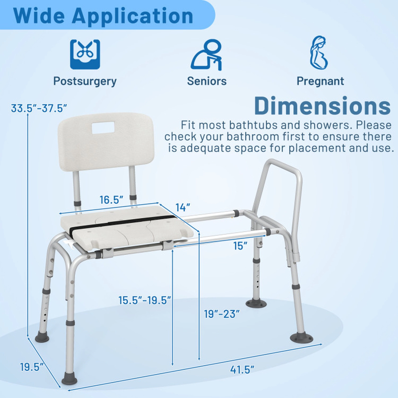 SUGIFT Sliding Tub Transfer Bench with 16.5 x 14 in Sliding Seat 350-lb Capacity White