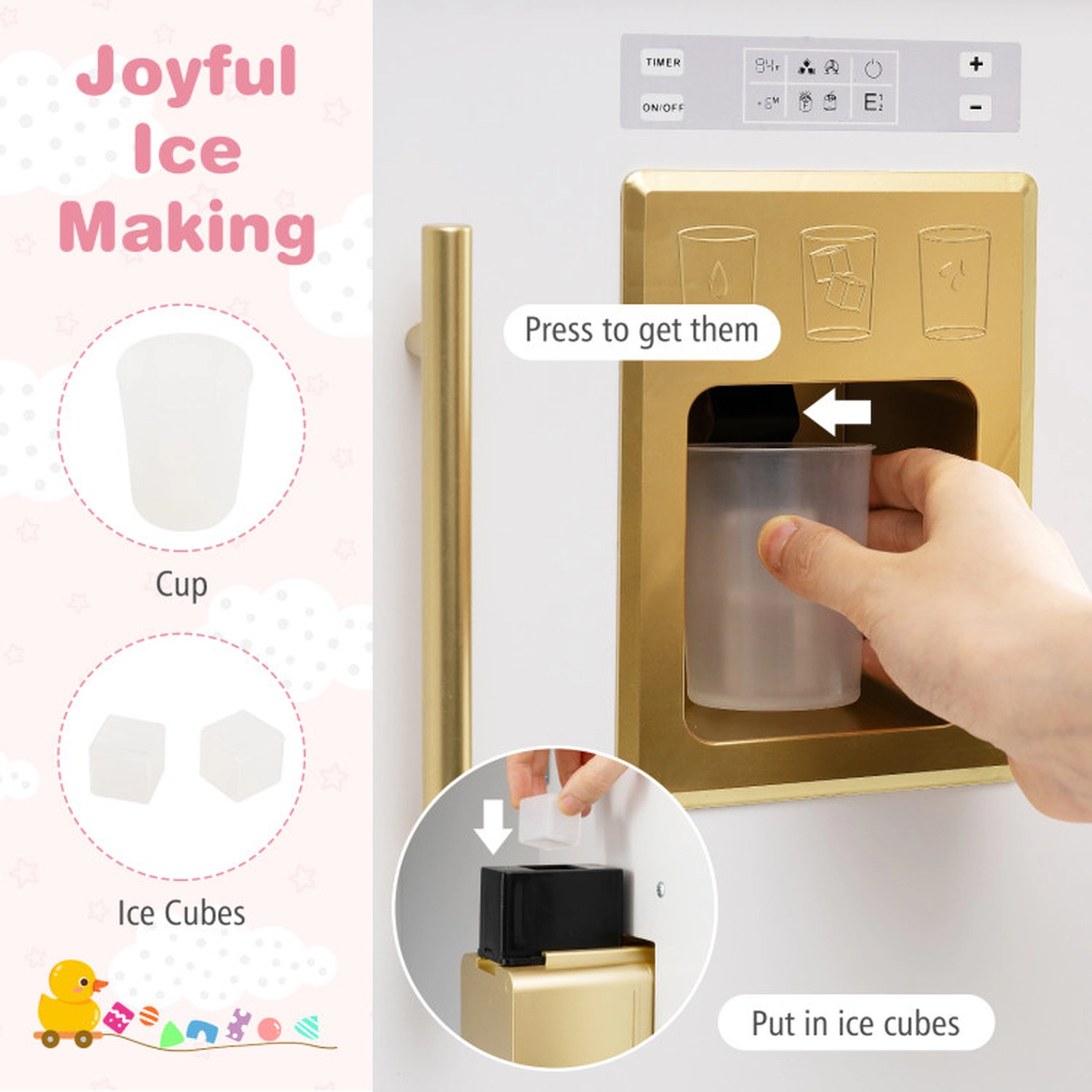 SUGIFT Gold 3 Adjustable Heights Microwave and Ice Maker Kids Wooden Chef Play Kitchen