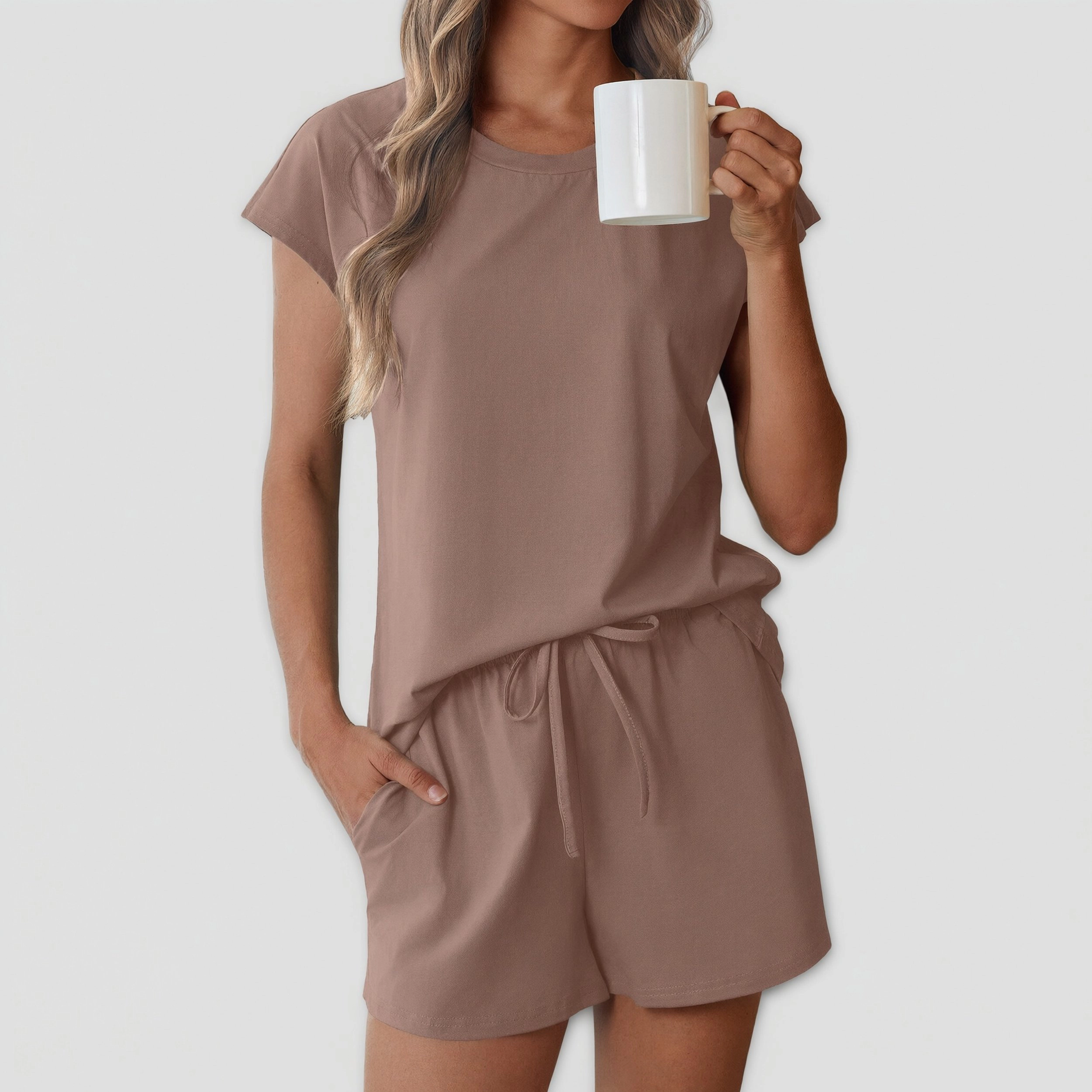 Ekouaer Women's Crew Neck Short Sleeve Top & Drawstring Shorts Set
