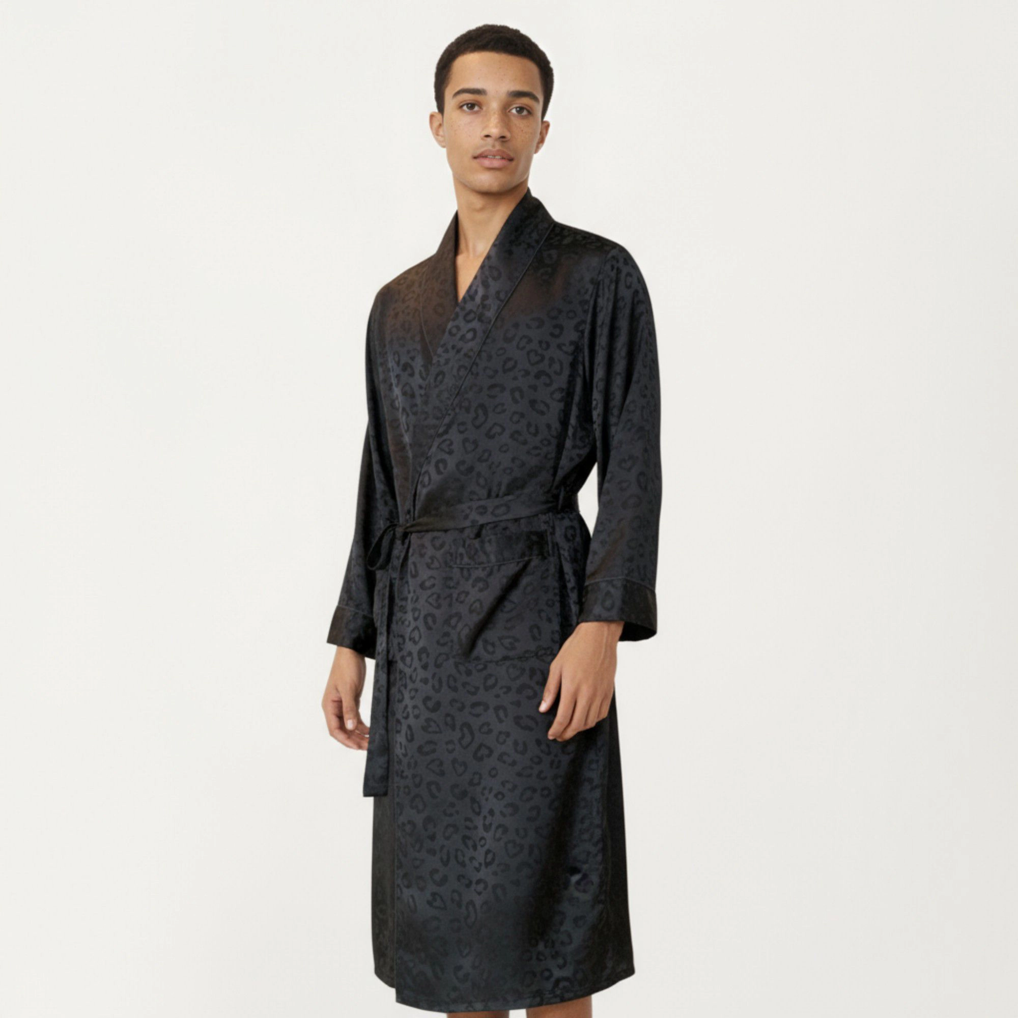 Anna-Kaci Men's Leopard Print Satin Robe with Waist Tie and Front Pockets