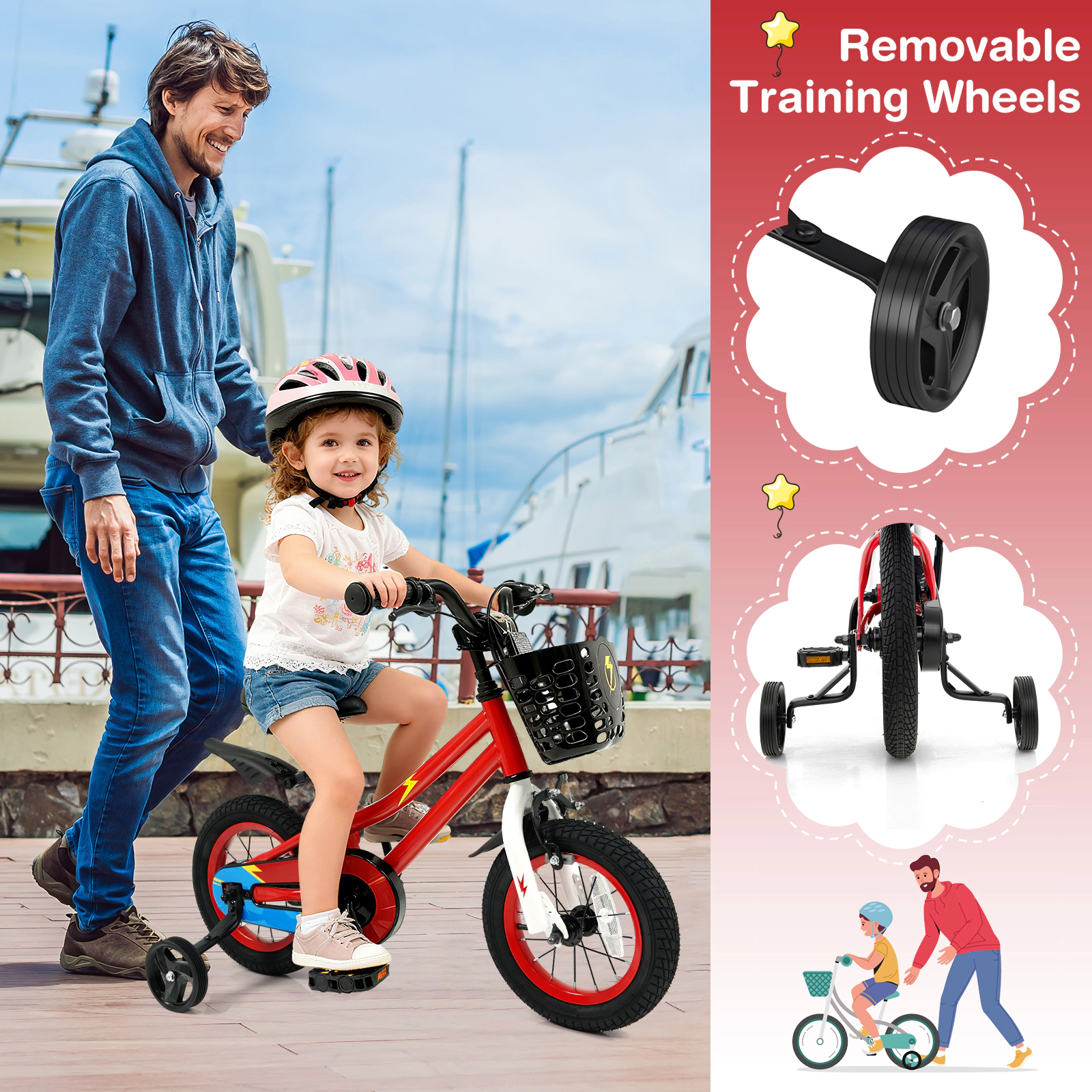 SUGIFT Four-Wheel 12-Inch Kids Bicycle with Training Wheels 100-lb Seat Capacity Ages 3-4 Years Red