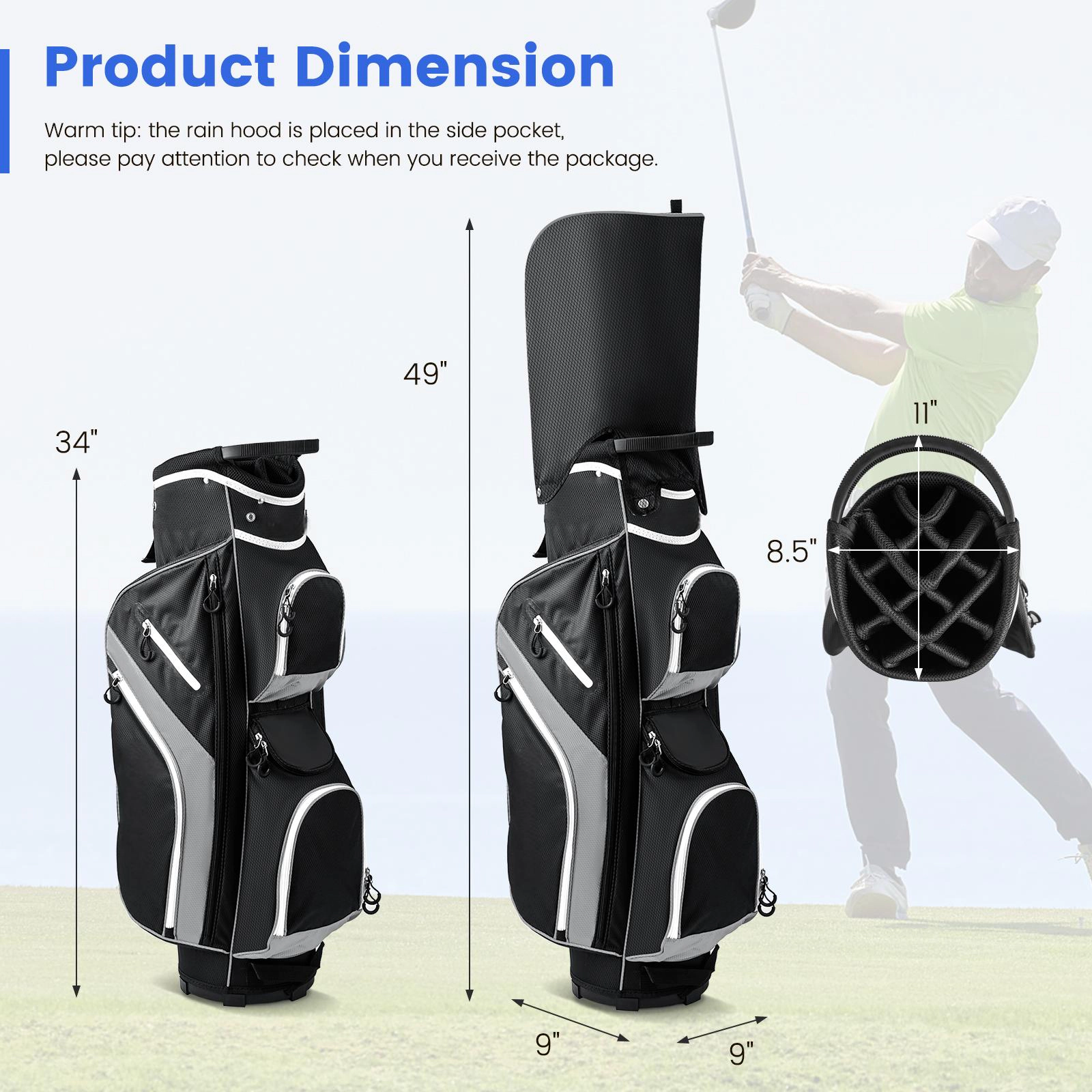 SUGIFT 14-Way Top Divider Golf Cart Bag with 9-in Base Diameter and Rain Hood 4.5-lb Net Weight Blue/Gray/Red