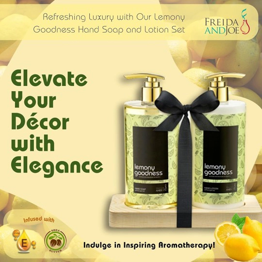 Freida and Joe  Women Lemon Citrus Hand Soap & Lotion Set Wooden Holder Unisex Valentine's Gift