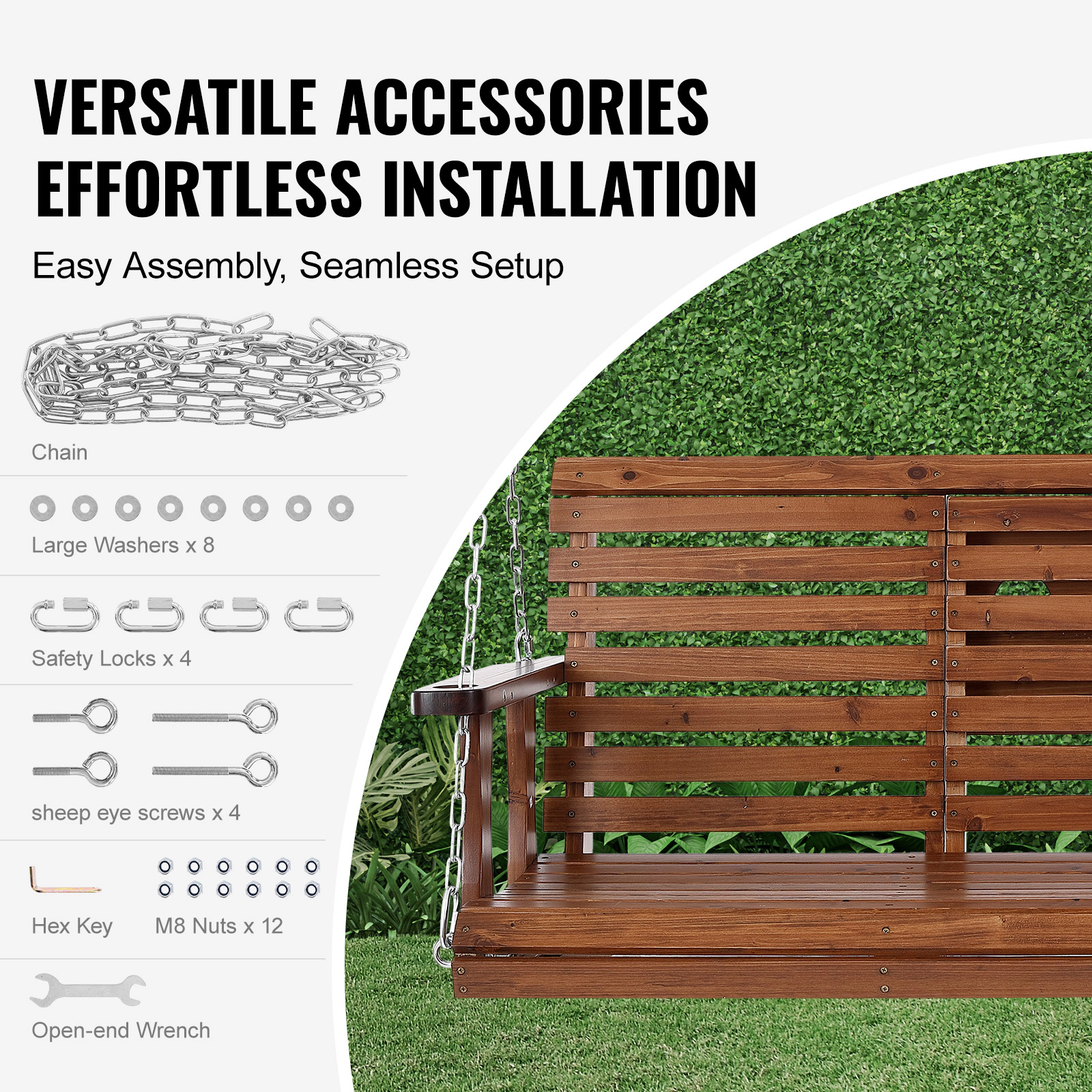 HONGGE 5 ft Cedar Wood Porch Swing with Hanging Steel Chains, Outdoor Patio Bench Seat, 880 lb Capacity, Brown