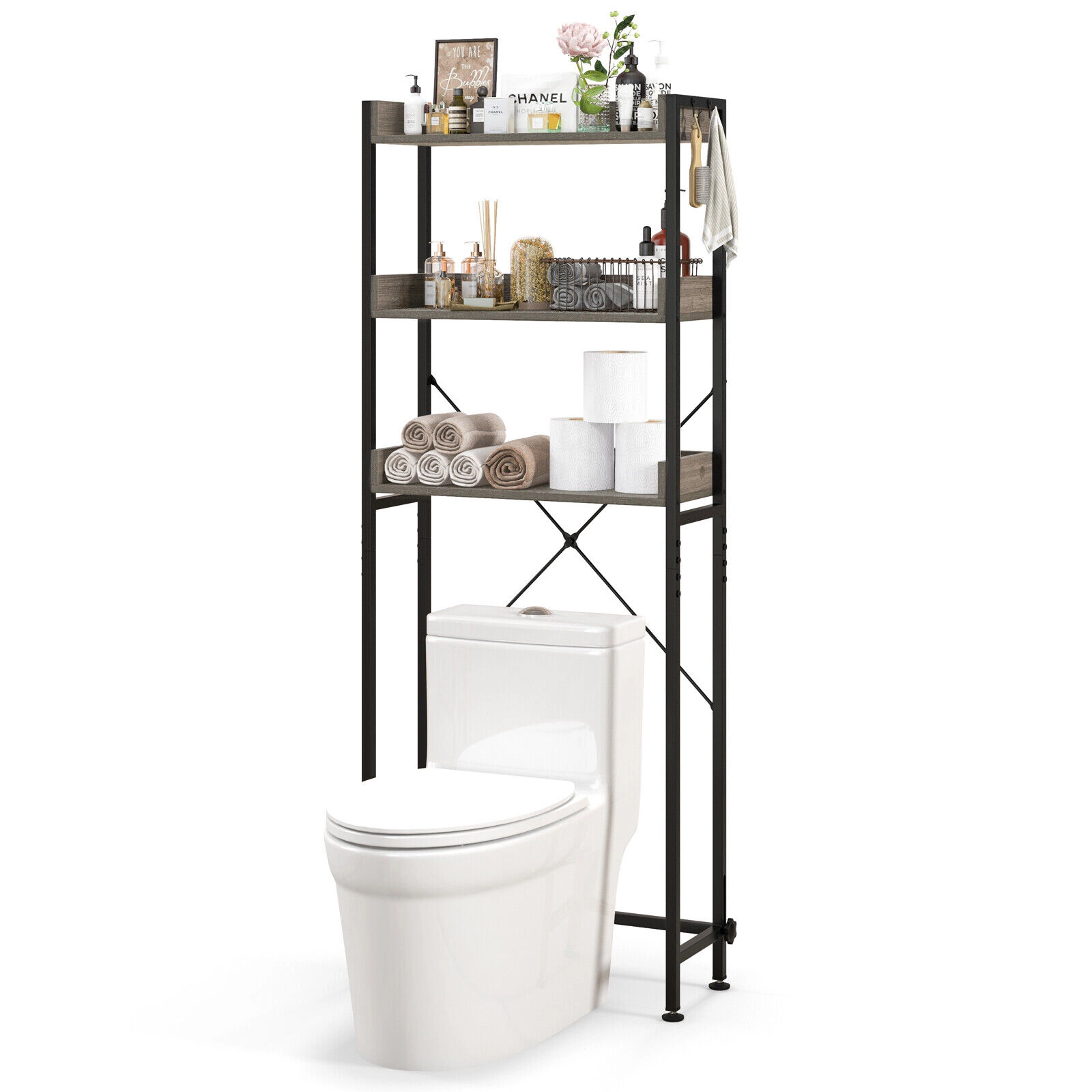 SUGIFT 64.5-in Over the Toilet Bathroom Storage Rack with 3 Open Shelves Edge Guards and 4 Side Hooks