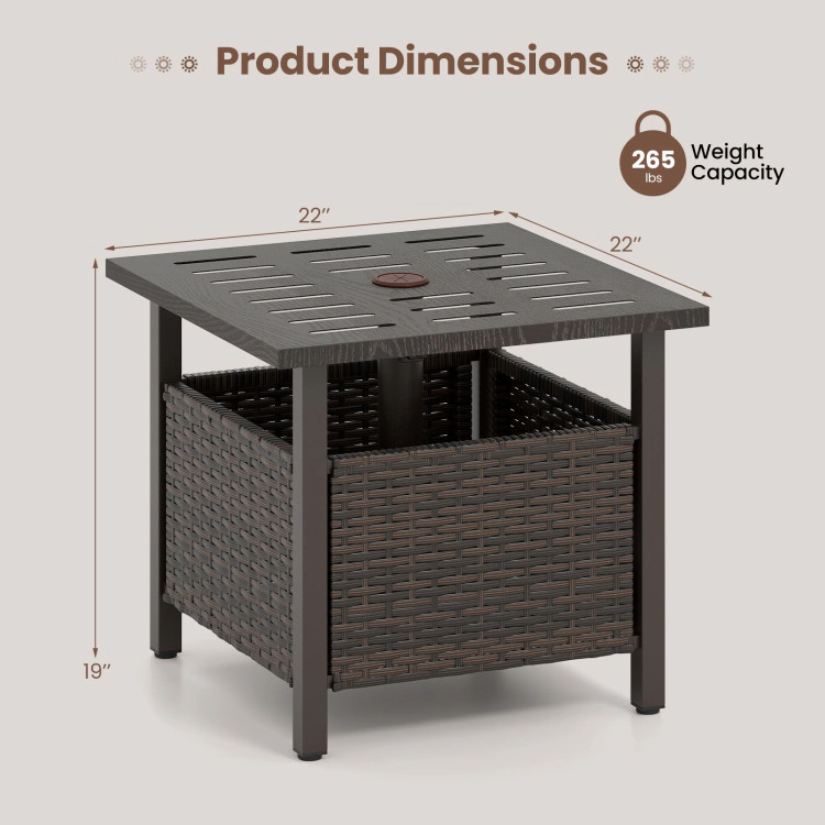 Hivvago Outdoor Side Table All-Weather Pe Wicker Patio Table With Umbrella Hole-Brown
