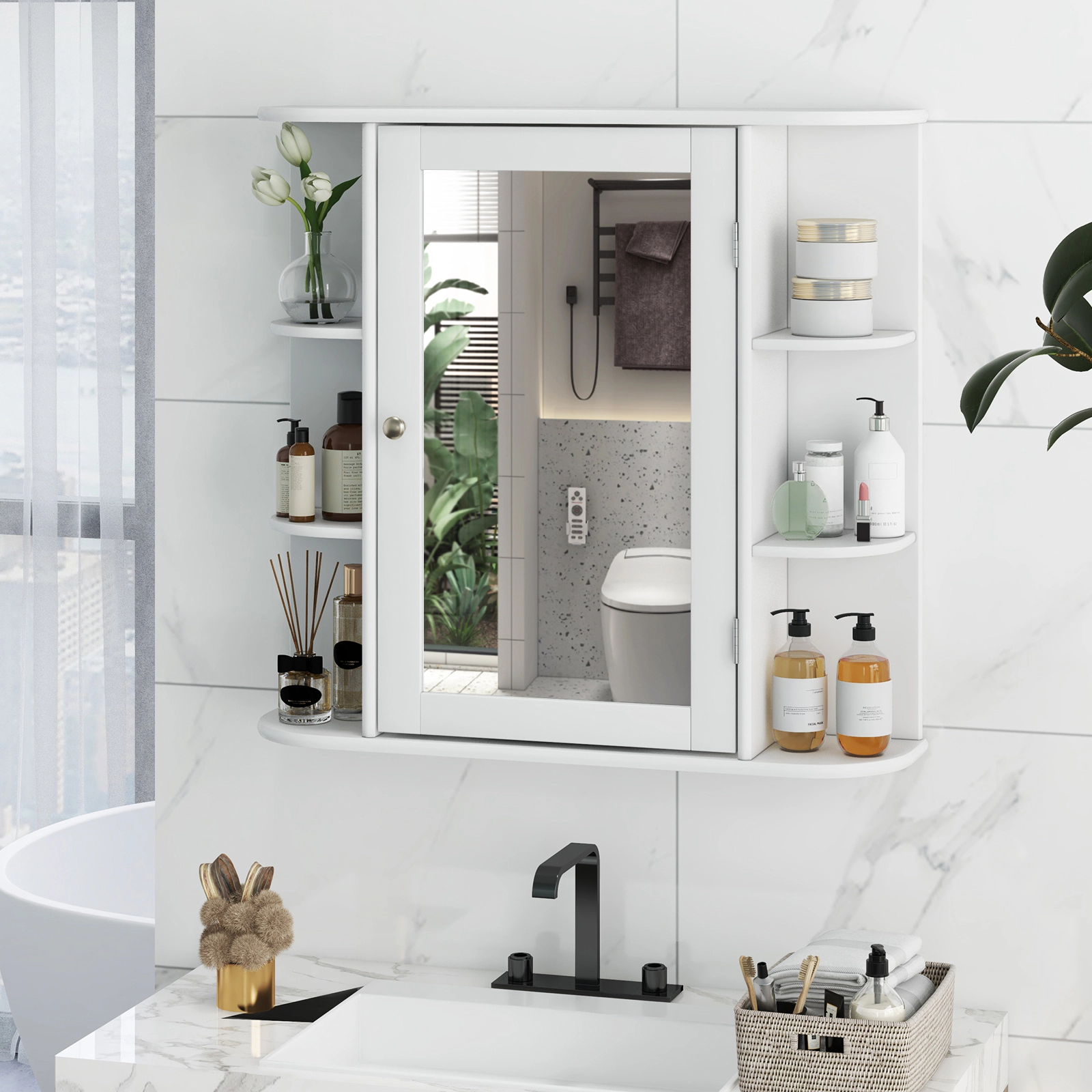 SUGIFT Mirrored Door 6 Side Open Shelves MDF Bathroom Medicine Cabinet 26-in x 6.5-in x 25-in 11-lb Shelf White