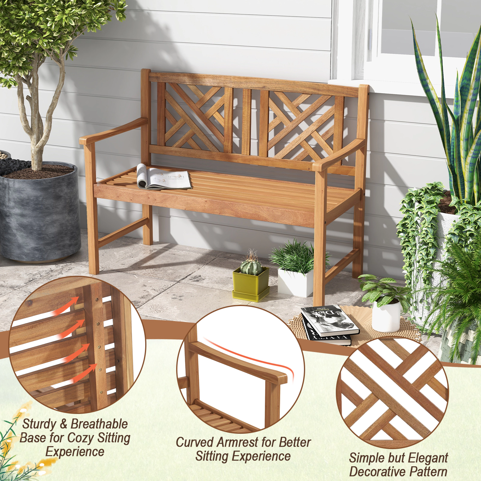 Hivvago 2-Person Wood Outdoor Bench With Cozy Armrest And Backrest