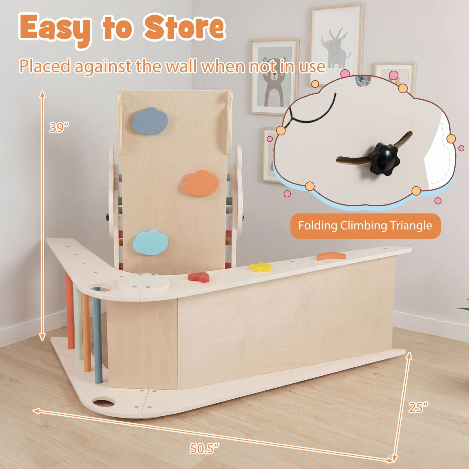 SUGIFT Foldable Montessori Triangle Climbing Set with Slide and Bridge 110-lb Capacity Ages 3+ White/Beige/Natural