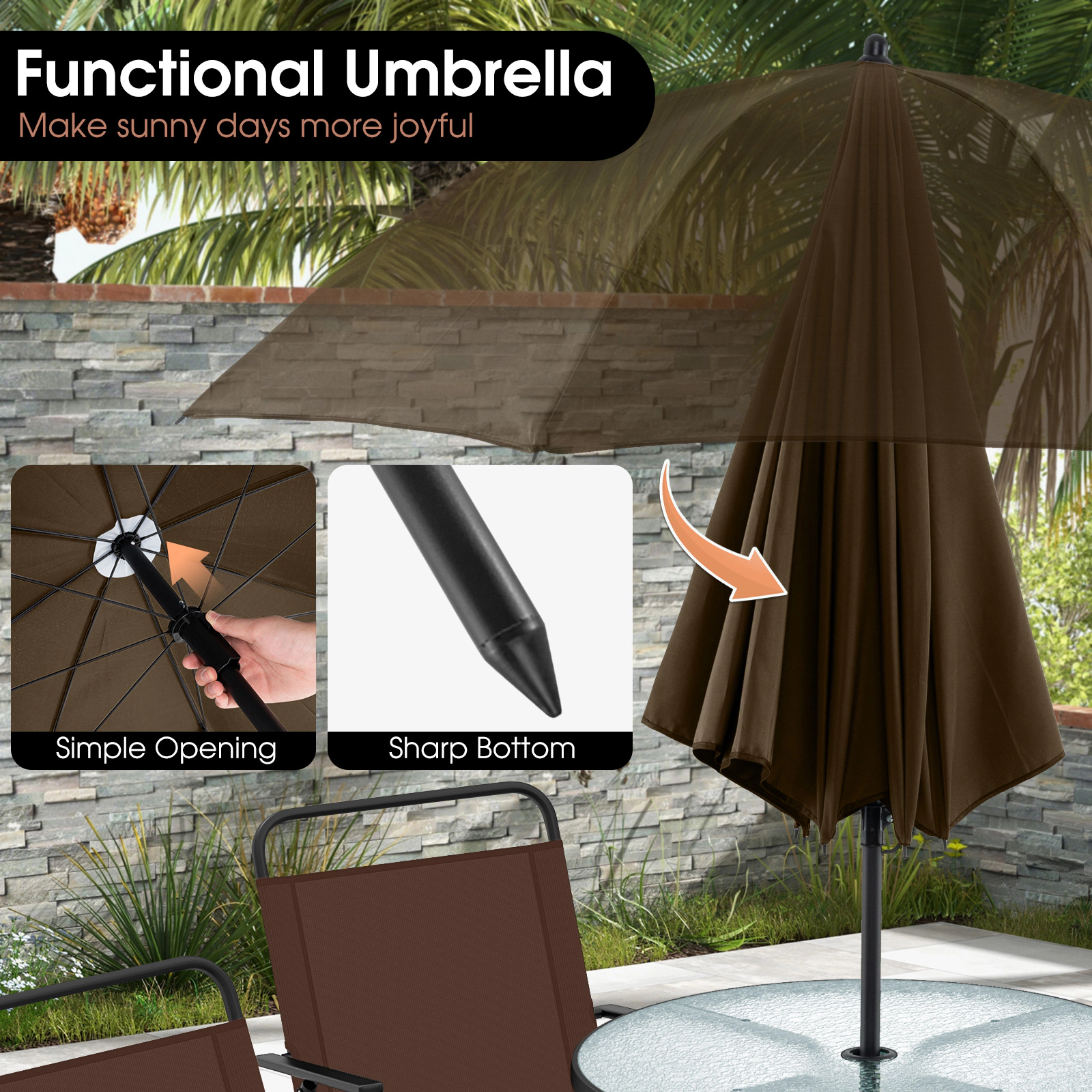 SUGIFT 6-Piece Patio Dining Set with Folding Chairs Glass Table 110-lb Table Capacity 71 x 78-in Umbrella Coffee