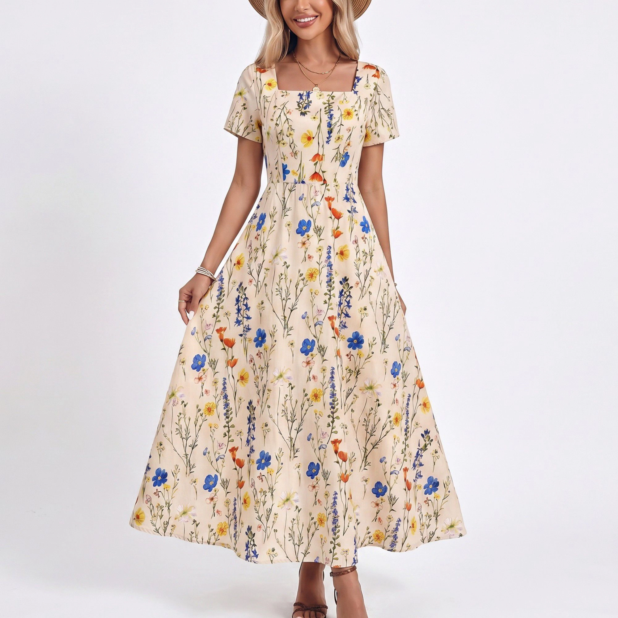 Anna-Kaci Women's Floral Square Neck Short Sleeve A-Line Button Front Maxi Dress