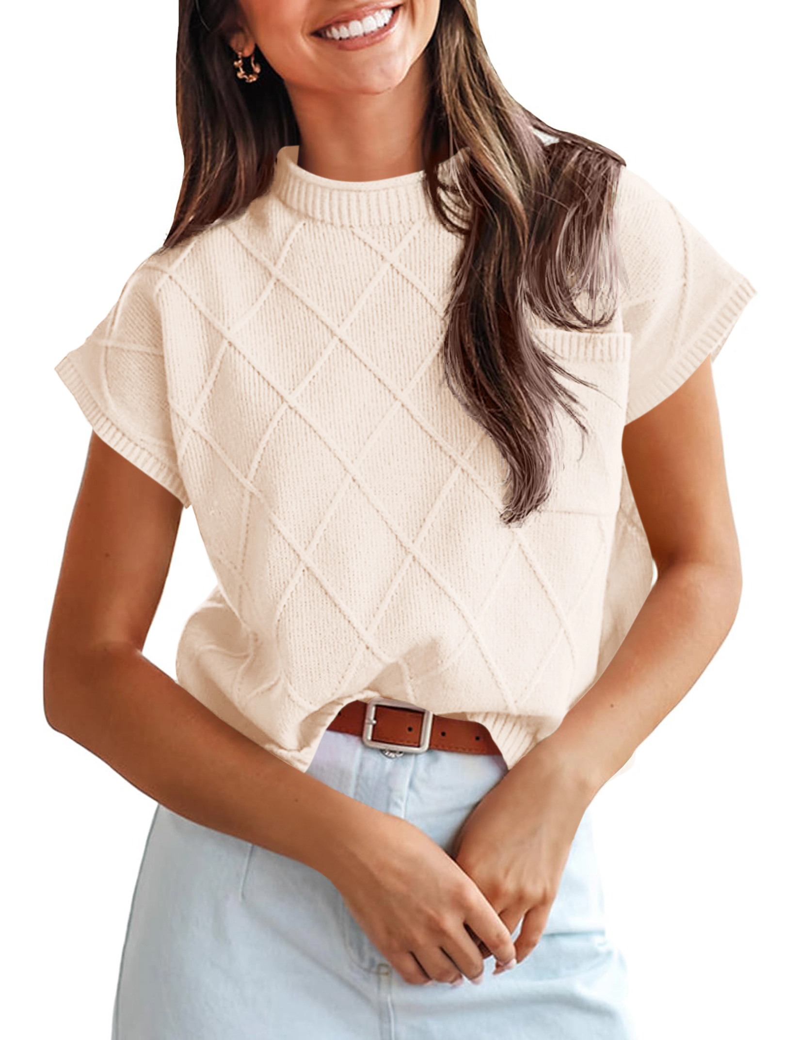 KOJOOIN Women's Plus Mock Neck Short Sleeve Knit Casual Loose Pullover Sweater Tops
