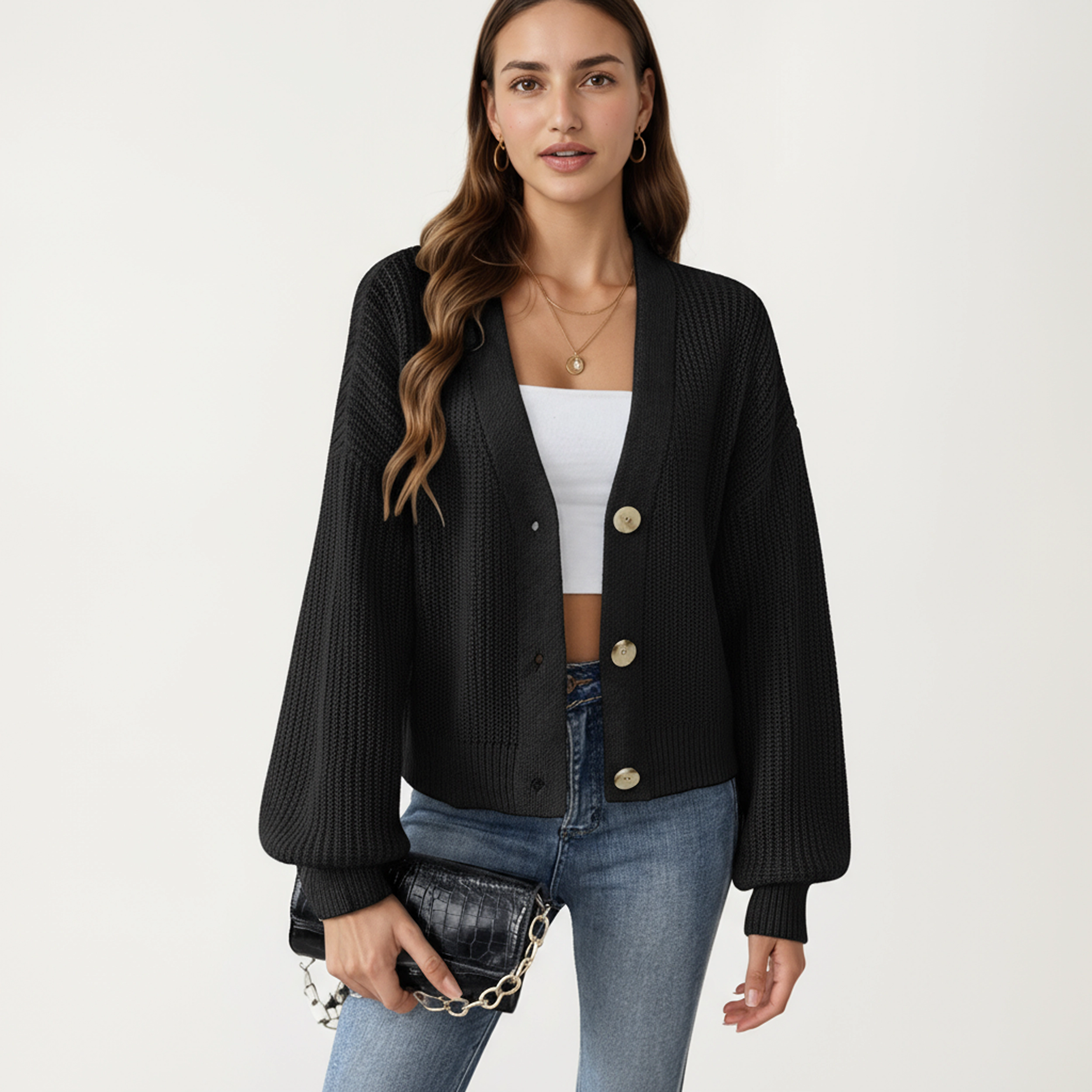 Anna-Kaci Women's Button Front Knit Cardigan with Long Lantern Sleeves and Relaxed Fit Design