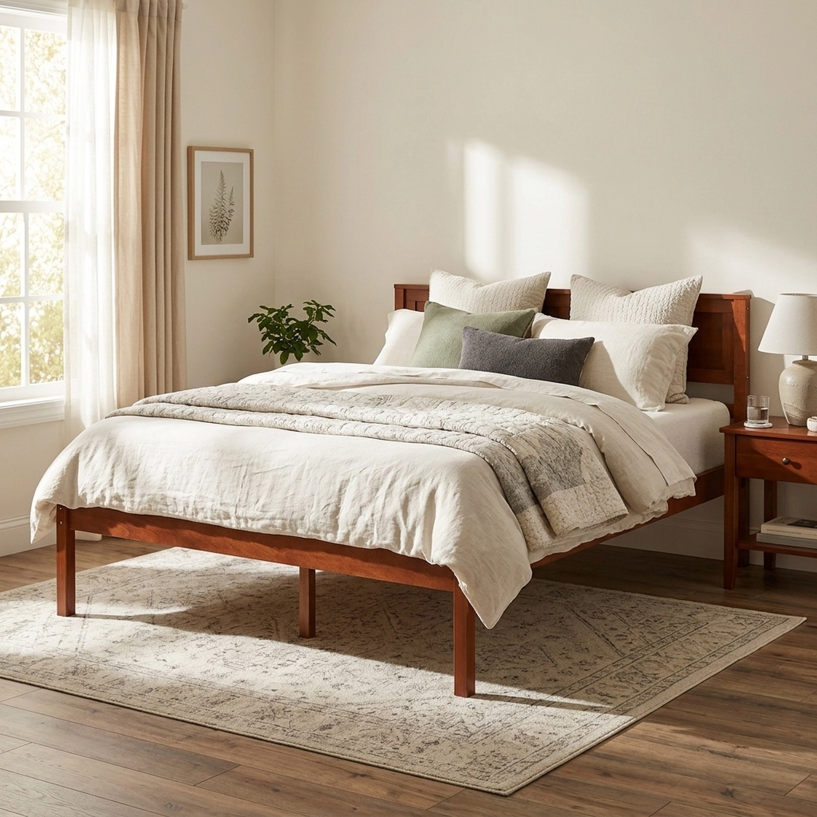 Queen Size Walnut Wood Bed Frame with Headboard and 16-in Footboard Low Profile Platform Bed with Center Support Legs