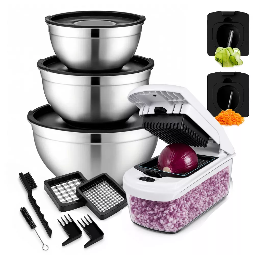 Luminuxe Mixing Bowls & Vegetable Chopper Set, 3pc Stainless Steel Nesting Bowls with Lids & 4‑in‑1 Chopper Spiralizer