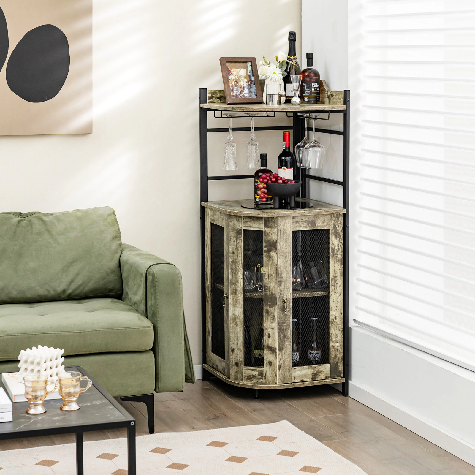 SUGIFT Triangular Industrial Corner Bar Cabinet Sideboard with Glass Holder and Shelf 66-lb Countertop Capacity