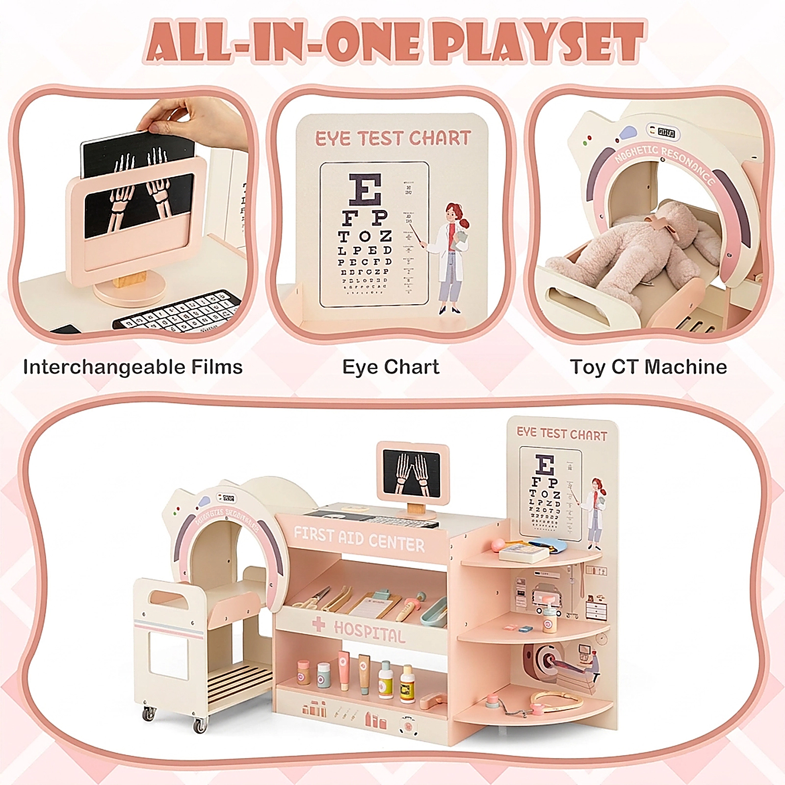 SUGIFT Wooden Kids Doctor Play Set Pretend Hospital Office Kit Eye Chart & Toy CT Machine 45.5-in Station Ages 3+ Pink