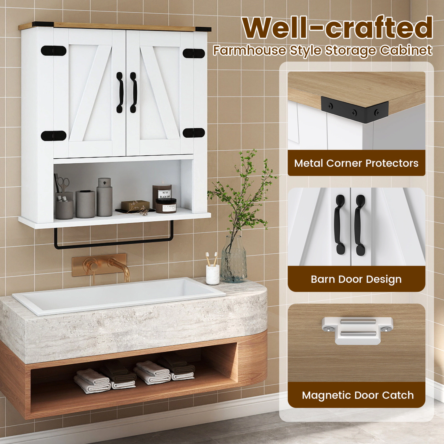 SlickBlue Wall Mounted Bathroom Cabinet with Towel Bar and Shelf