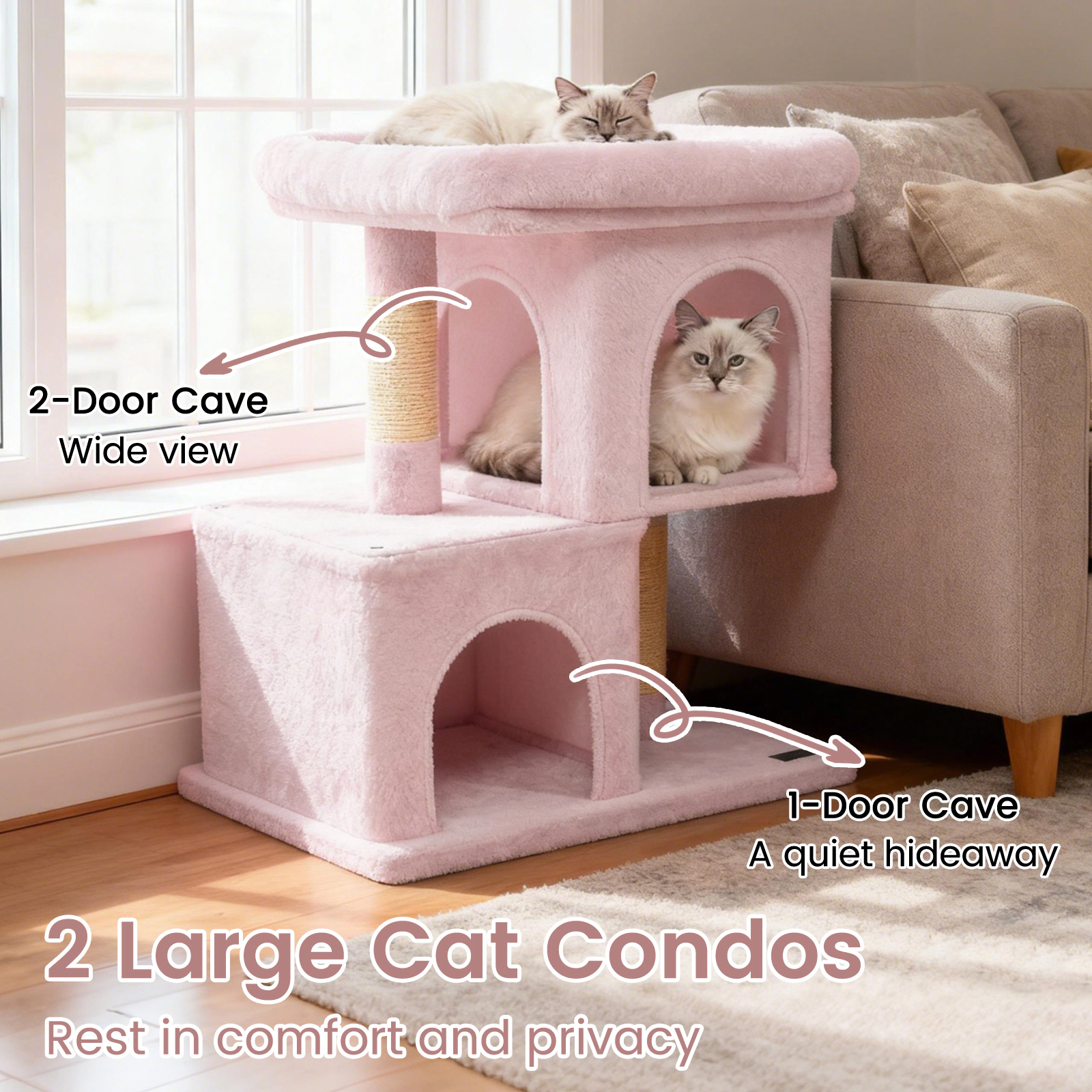 SUGIFT 25.5-in Pink Space-Saving Modern Cat Tree Tower with 19-in Perch 2 Condos and Sisal Posts