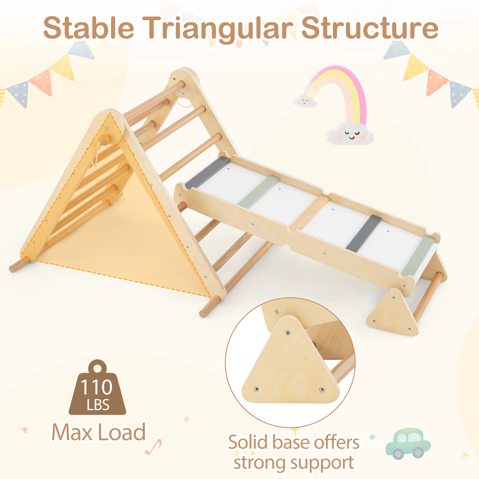 SUGIFT Natural Ramp 3-in-1 Kids Pikler Triangle Climbing Set Foldable Montessori Toy