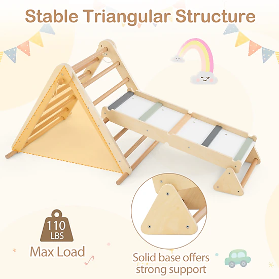 SUGIFT Natural Ramp 3-in-1 Kids Pikler Triangle Climbing Set Foldable Montessori Toy