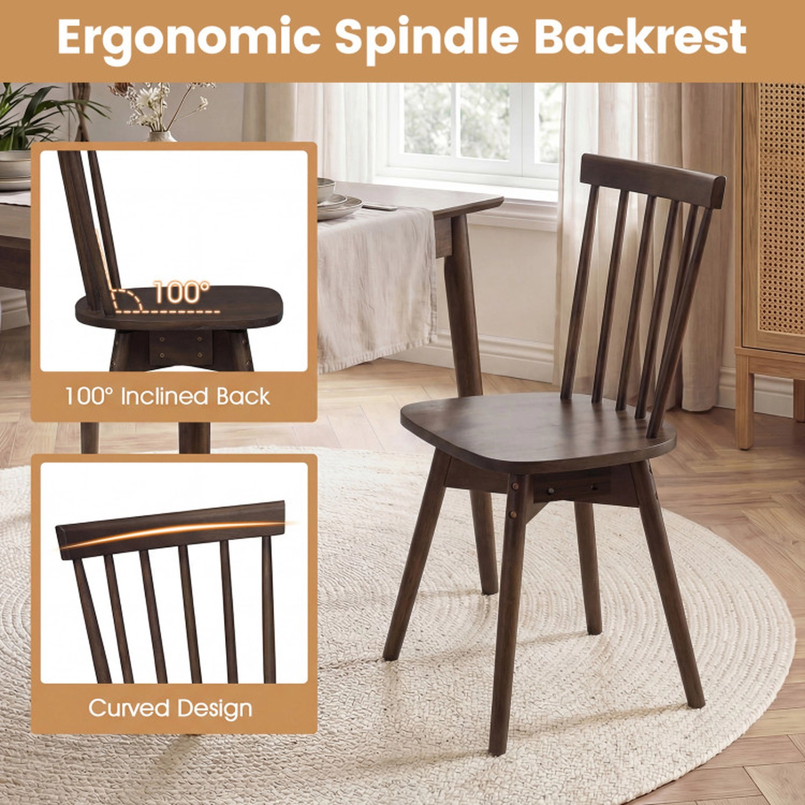 SUGIFT Wide Swivel Seat Rubber Wood Windsor Dining Chairs Set of 2 330-lb Capacity 35-in Tall Natural/Walnut