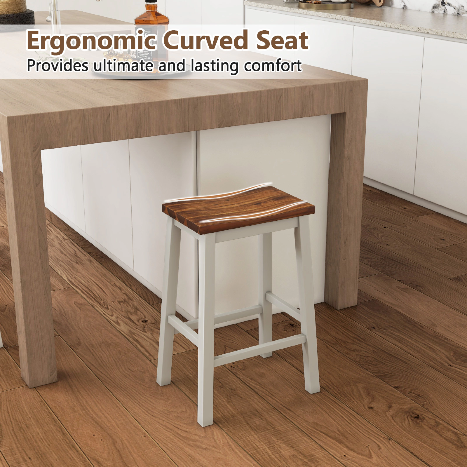 SUGIFT 24.5-in High Set of 2 Wooden Saddle Bar Stools with Footrests 350-lb Capacity for 35-39-in Tables Gray+Walnut