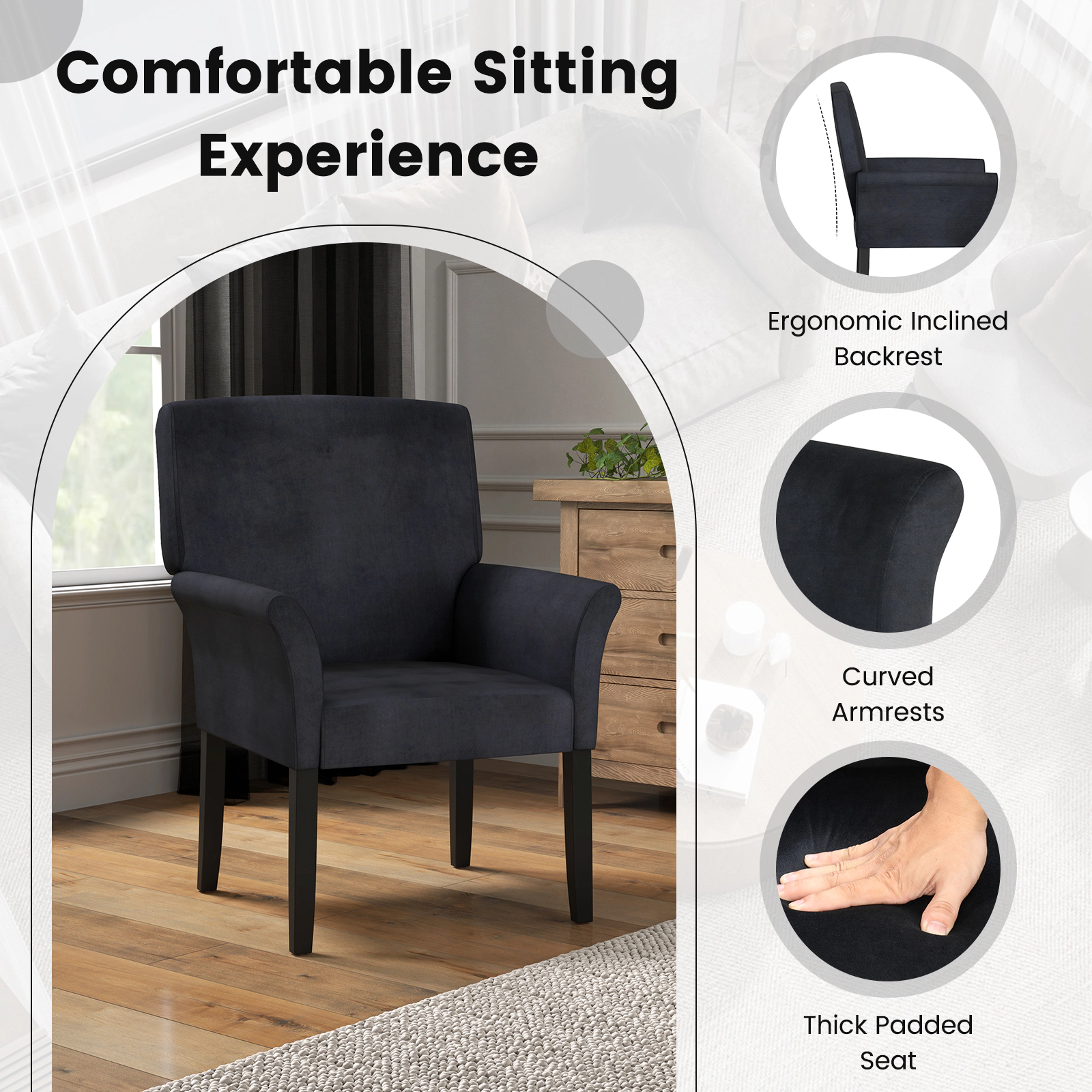 SUGIFT Fabric Upholstered Executive Guest Accent Armchair with Rubber Wood Legs 330-Lb Capacity 27-in Frame Gray/Black