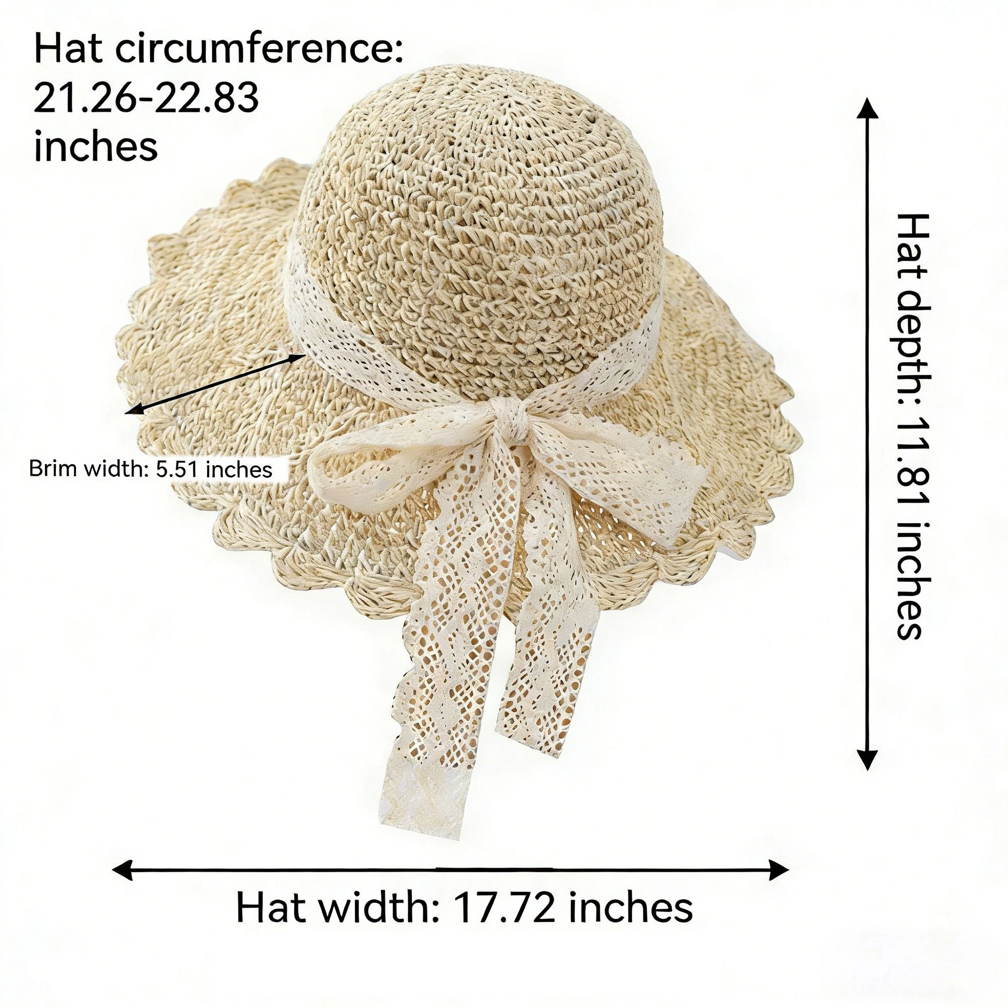 Anna-Kaci Womens Wide Brim Crochet Straw Sun Hat with Lace Bow Adjustable Fit