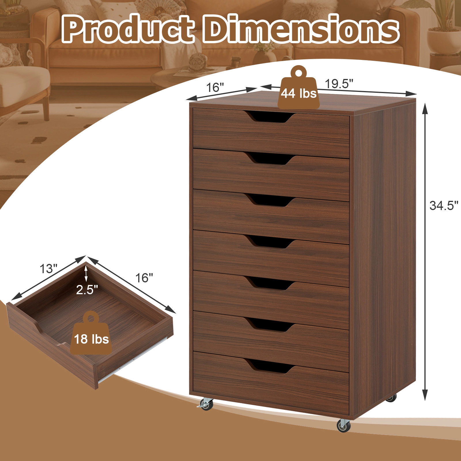 SUGIFT 7-Drawer MDF Engineered Wood Storage Chest with Lockable Wheels 120-lb Capacity Walnut