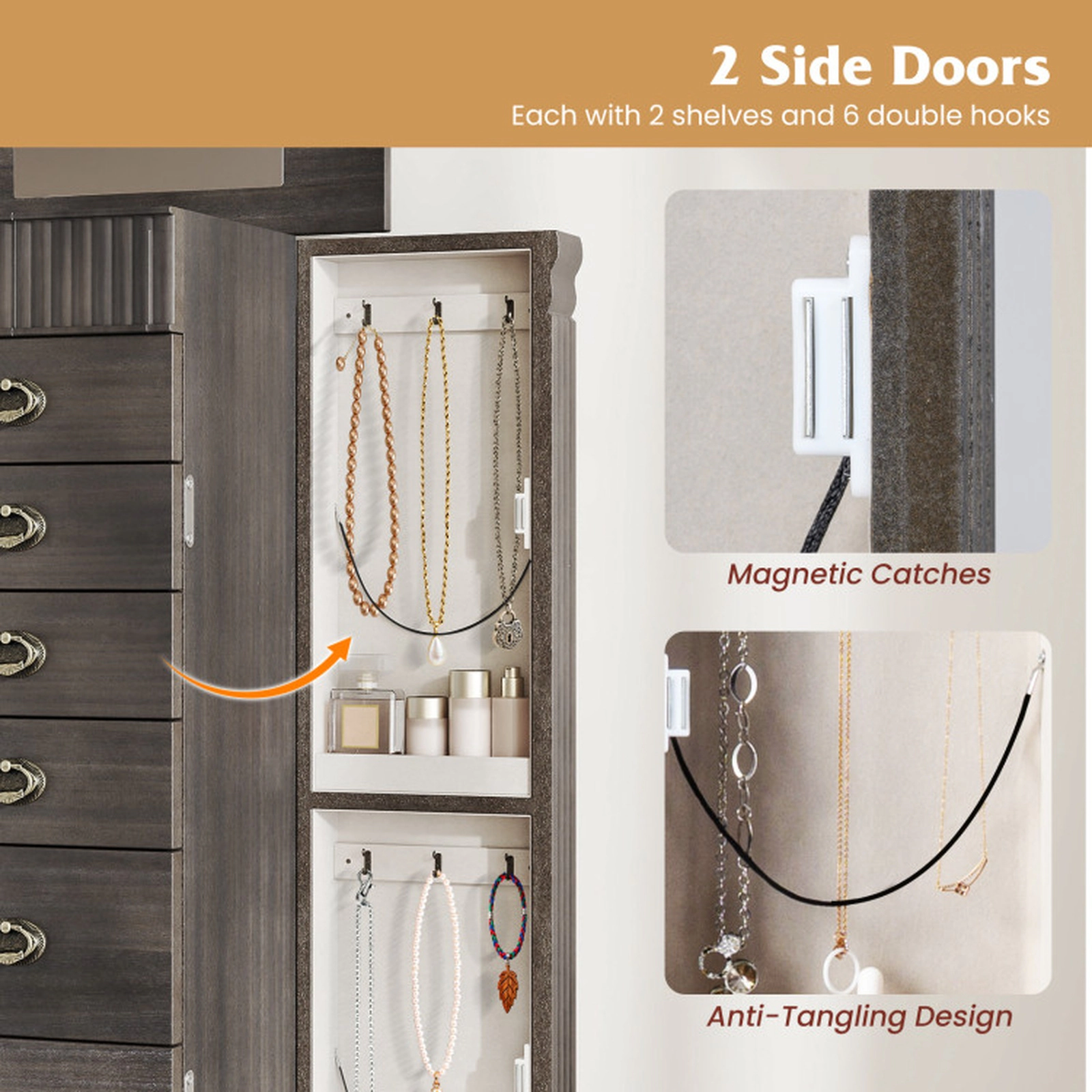 SUGIFT Gray Freestanding Jewelry Armoire with 7 Drawers, 2 Swing Doors and Mirror
