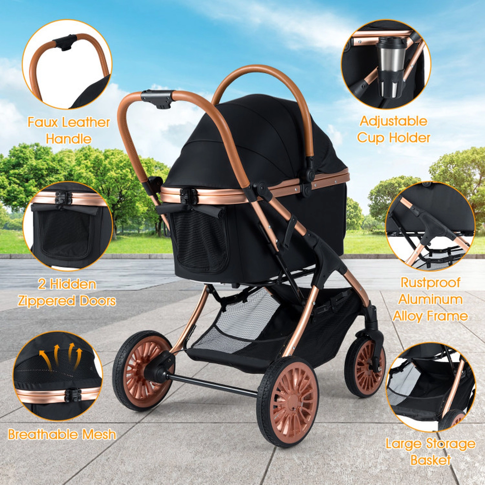 SUGIFT 35 x 40-in 55-lb Capacity Black 3-in-1 Foldable Pet Stroller Dog Carrier Car Seat with Sun Shade