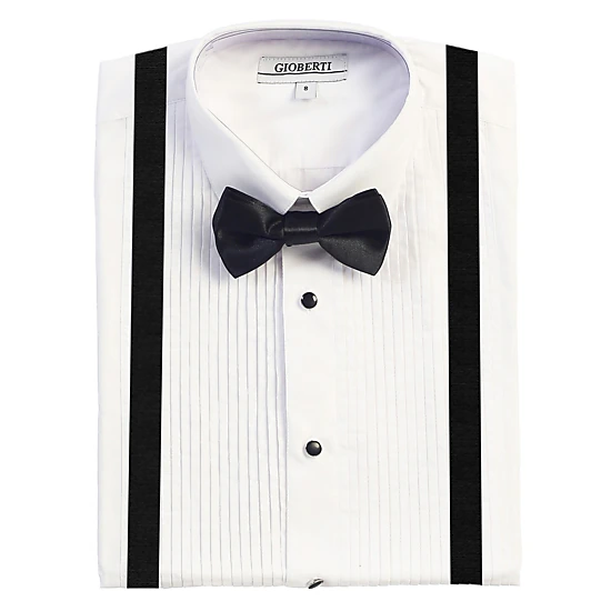 Gioberti Boy's White Tuxedo Dress Shirt, with Bow Tie and Metal Studs
