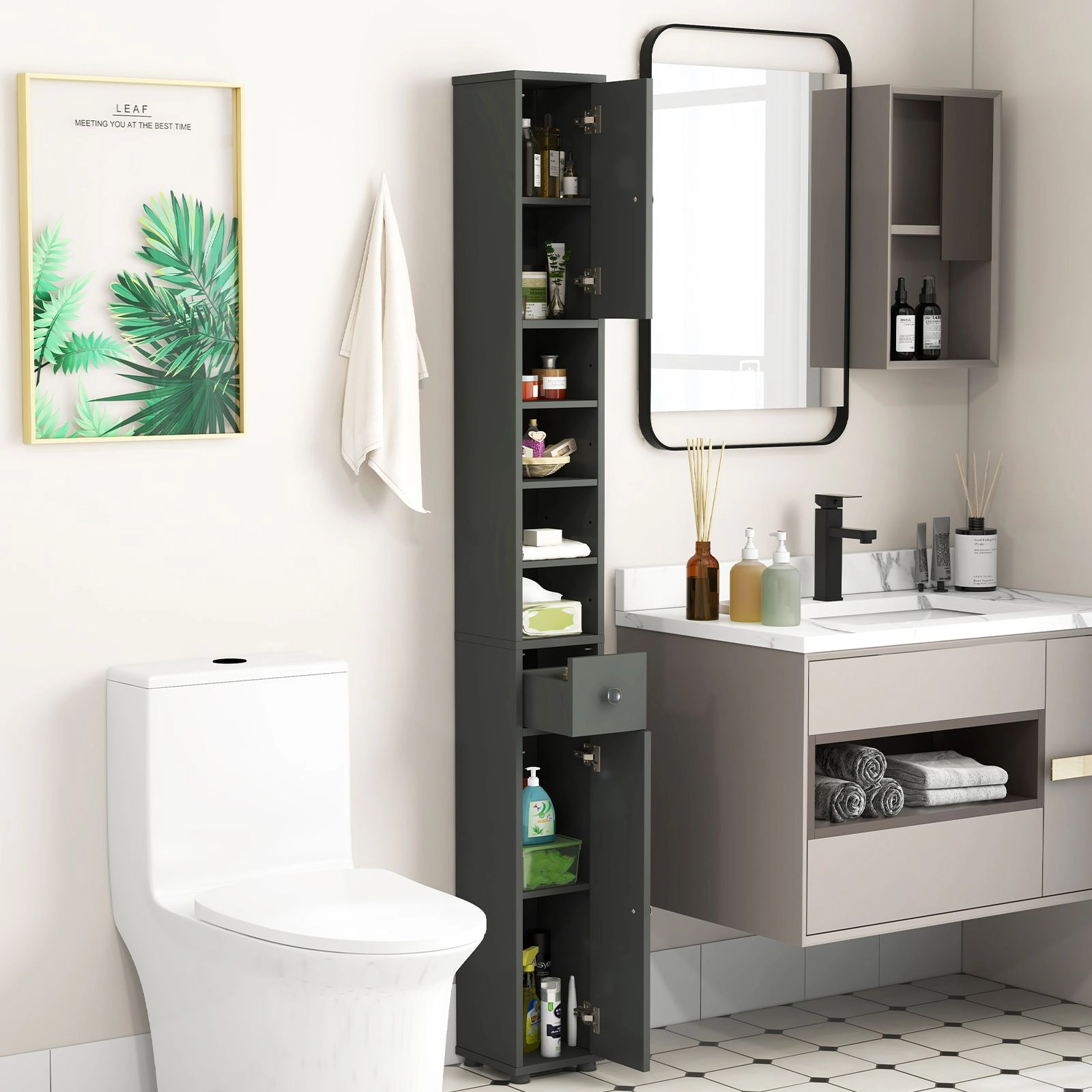 SlickBlue Tall Narrow Bathroom Storage Cabinet with Drawer & Adjustable Shelves