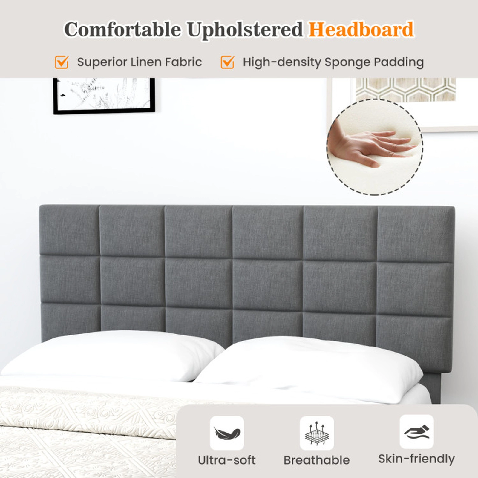 SUGIFT Gray Height Adjustable Quilted Headboard Linen Upholstered Bed Frame