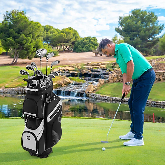 SUGIFT Molded Lock Top Golf Cart Bag 14-Way Full Length Dividers 11 Pockets 5.7-lb Polyester Sports Bag Black White Gray