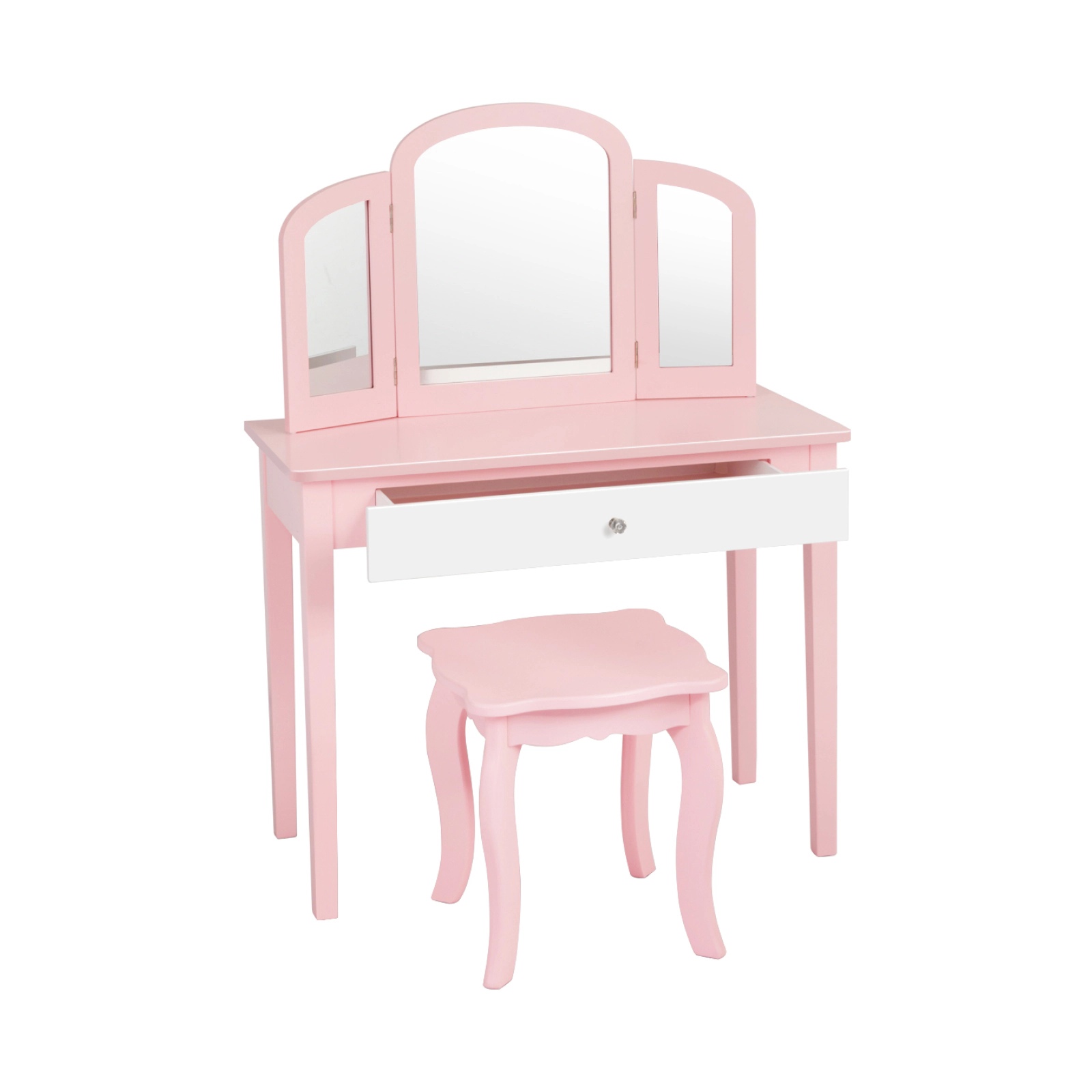 SUGIFT Pink Tri-Folding Mirror and Stool Kids Princess Makeup Dressing Table